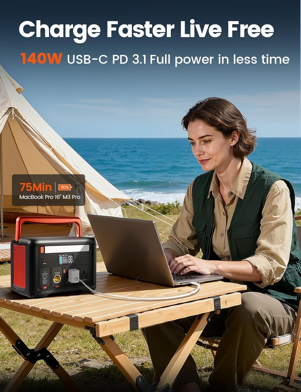 Portable Power Station 600W(1200W Surge), 299Wh Camping Power Station with 2 AC Outlet, 140W USB-C Fast Charging,7 Ports Mini Solar Generator for Camping Indoor Outdoor Emergency RV (CYBPULTE C601) - Image 4