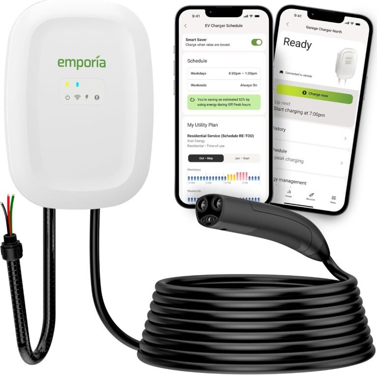 EMPORIA Level 2 EV Charger w/NACS, Compatible with Tesla - 48 amp Electric Car Charger, Preconfigured for Hardwired Install with Whip, UL/Energy Star WiFi-Enabled EVSE, 24ft Cable, White