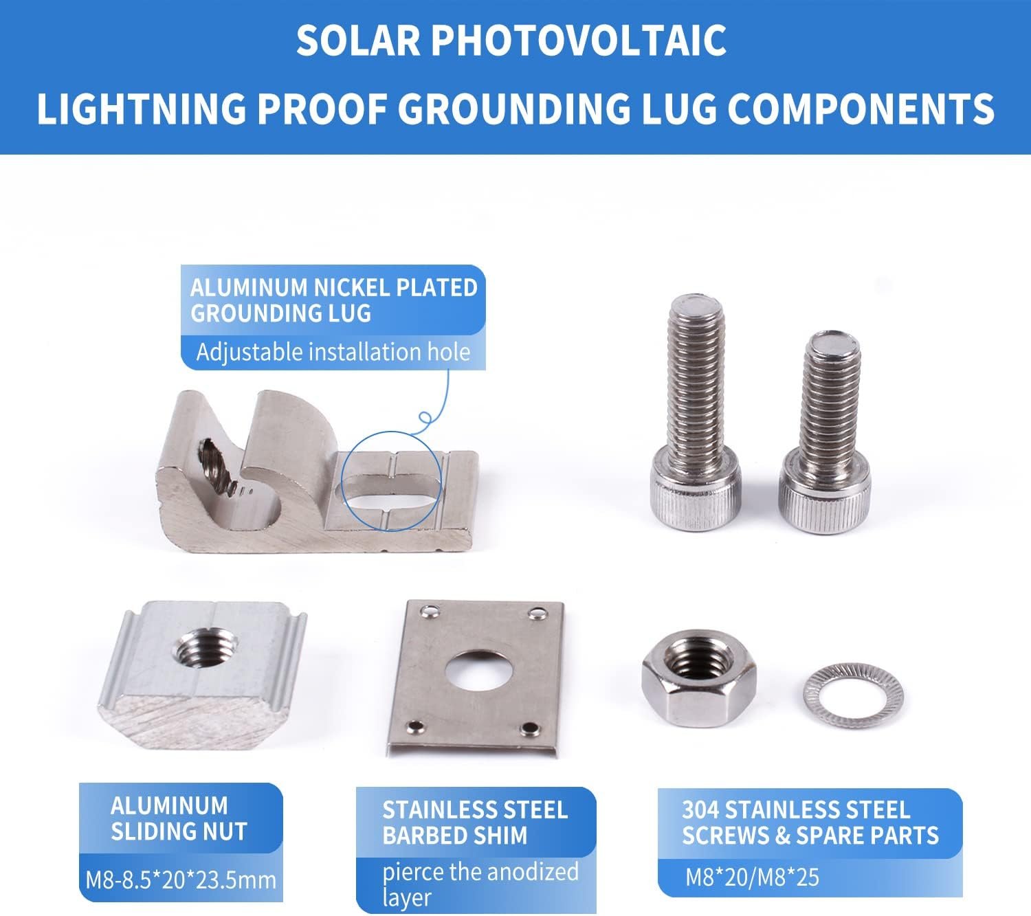 5Sets Solar Panel Grounding Lugs Solar Mounting System Metal Grounding Clips PV Grounding Clip Cable Solar Panel Clamps for Bare Wire and Pipe - Image 3