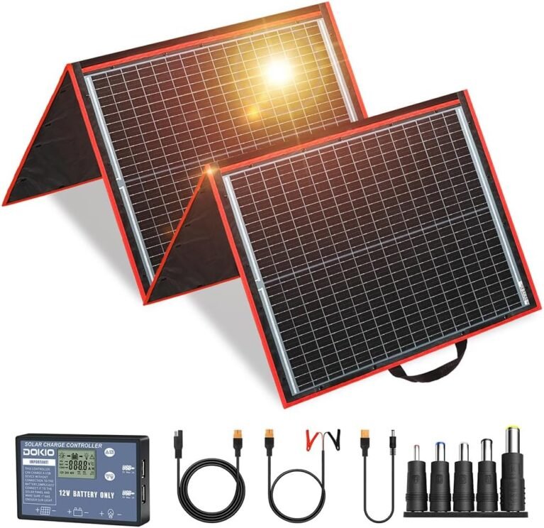 DOKIO 150W Portable Foldable Solar Panel Kit with Charge Controller | Folds to 21 x 20 in and weighs 7.3 lb; USB ports; for 12V batteries, power stations, RVs, camping, and emergencies