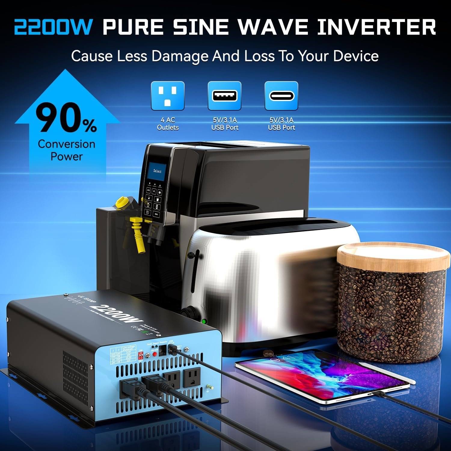 2200 Watts Pure Sine Wave Inverter 12V DC to 110V AC, 4400W Peak Power, 4 AC Outlets, USB & Type-C Port, Adjustable Input for Lithium Battery, RV/Truck/Boat/Solar Backup with LCD Remote - Image 2