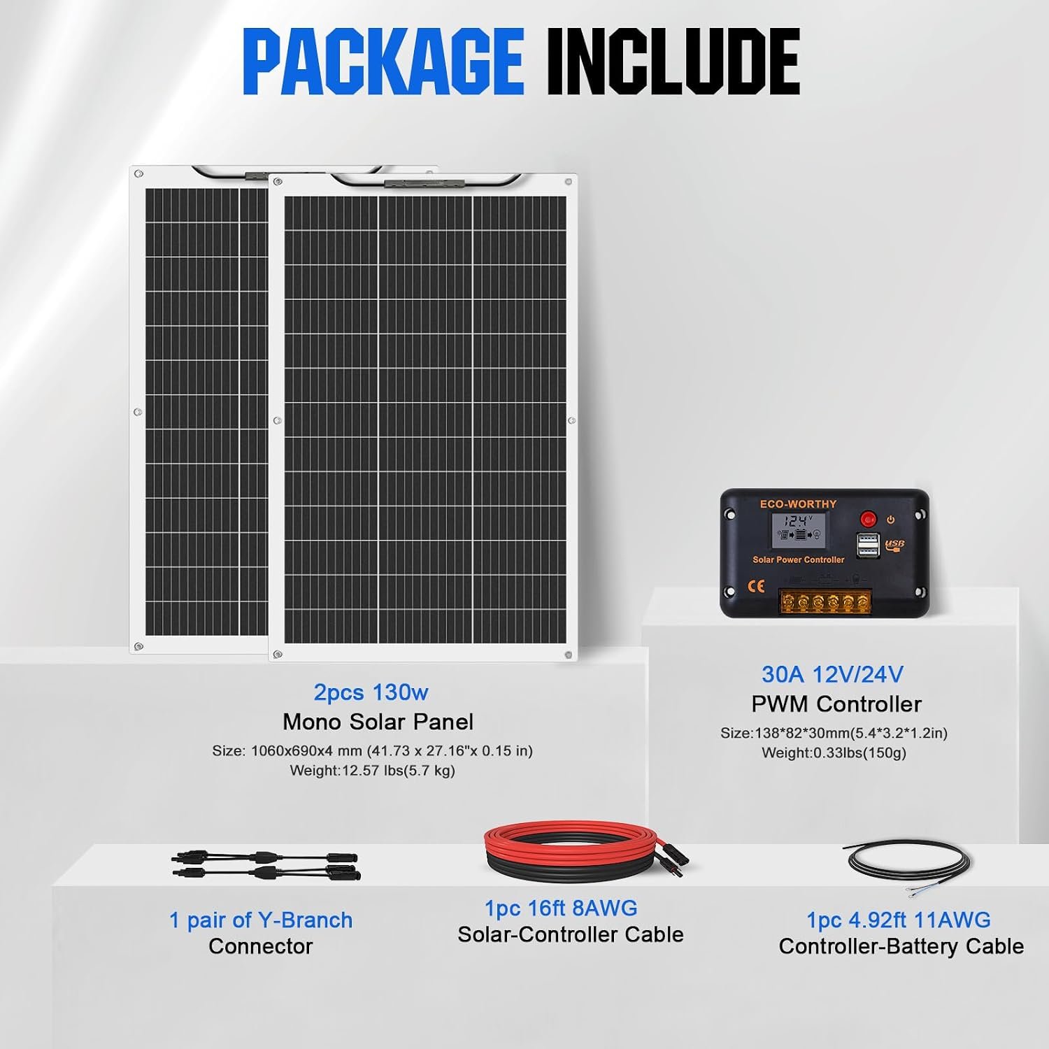 ECO-WORTHY 260Watt 12Volt Flexible Solar Panel Kit for Off Grid Home RV, Boat and Uneven Surfaces:2pcs 130W Mono Solar Panel + 30A 12V Charger Controller + Solar Cable + Tray Cable + Y Branch - Image 8