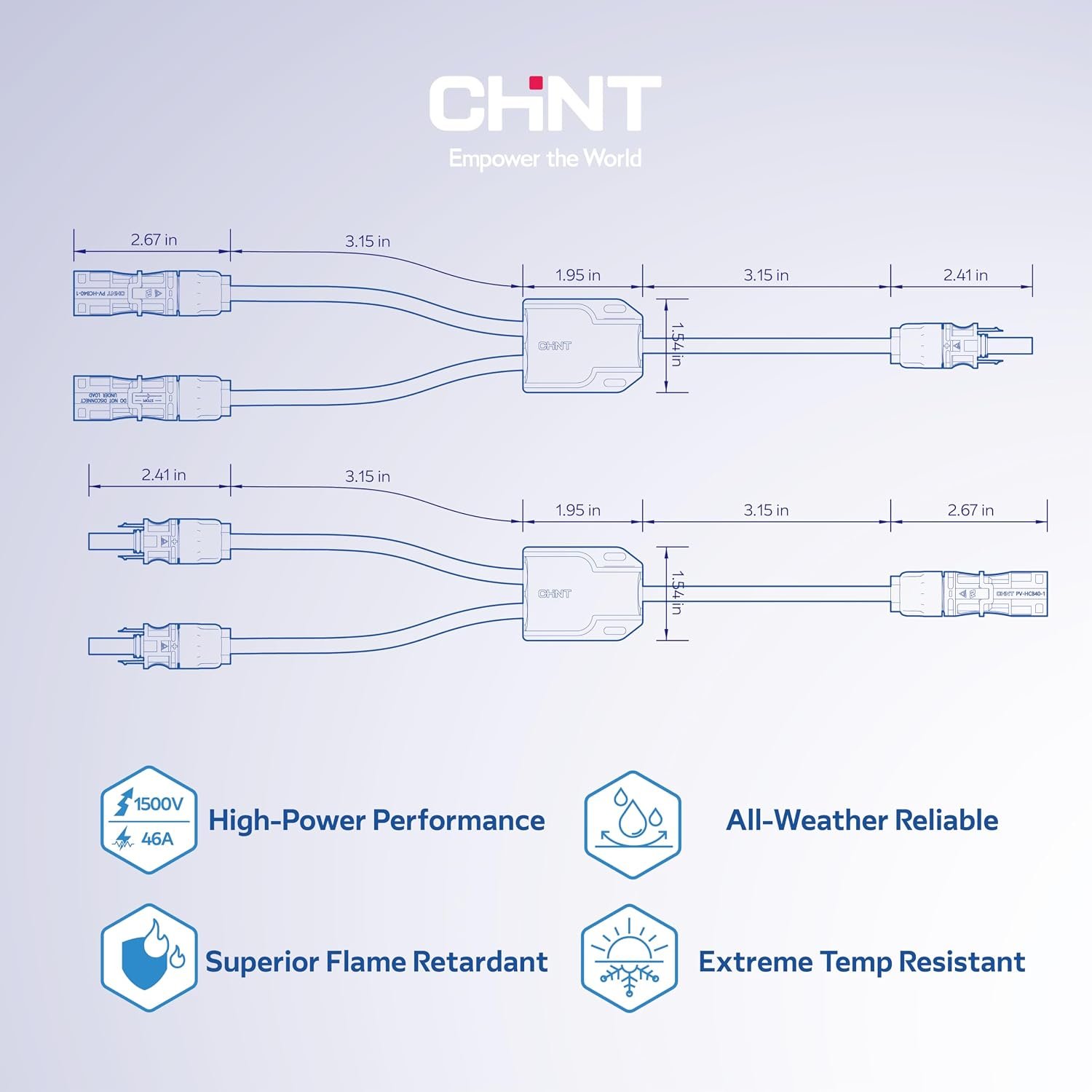 CHINT Solar Y Branch Connector Kit, 10AWG to Dual 12AWG PV Wire, 1500V 30A, UL & TÜV Certified Connectors and Cables, 1 Pair Y-Splitter with 3 Pairs Connectors & 5 Pairs Dust Caps & Spanners - Image 6
