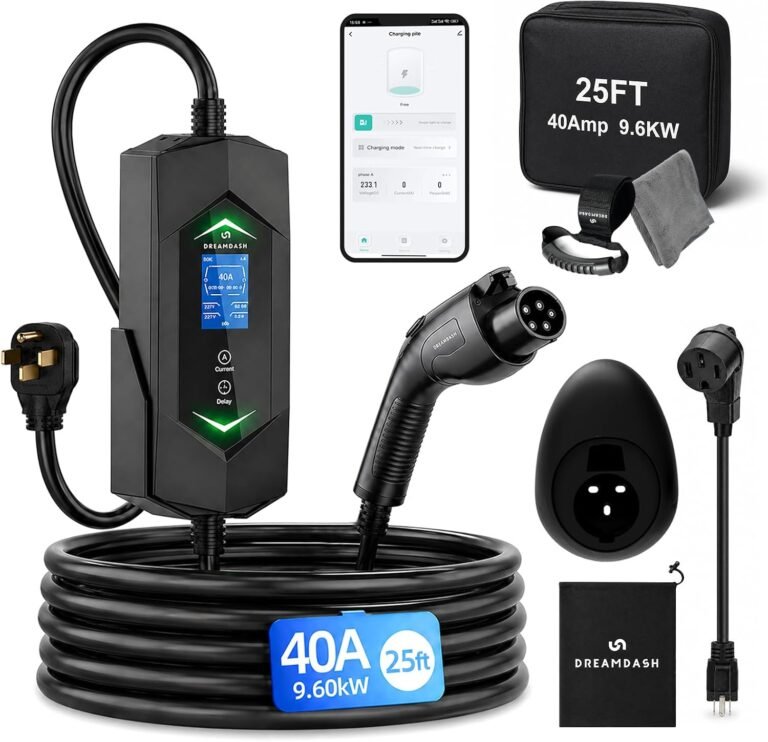 Level 2 EV Charger 40A(WiFi APP),240V NEMA 14-50P,J1772 Connector | 25ft UL & ETL Listed Cable,IP67 Waterproof,Adjustable Current 6A-40A,Delay Timer,Indoor/Outdoor With 5-15 Adapter