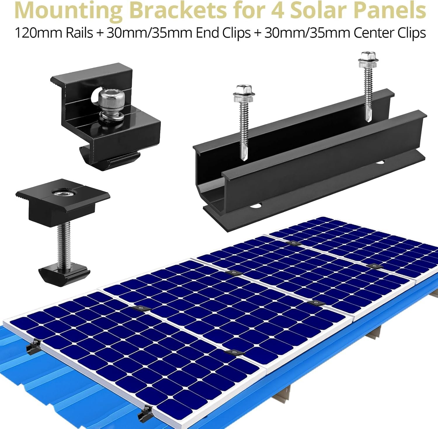 Anbte Solar Panel Mounting Brackets for Roof, Aluminum Solar Rails, Black | Solar Panel Mounting Kit For 4 Panels, Included 10 X 4.72 In Rails+4 End Clamps+6 Center Clamps+1 Wrench, For Roof, RV, Boat - Image 4