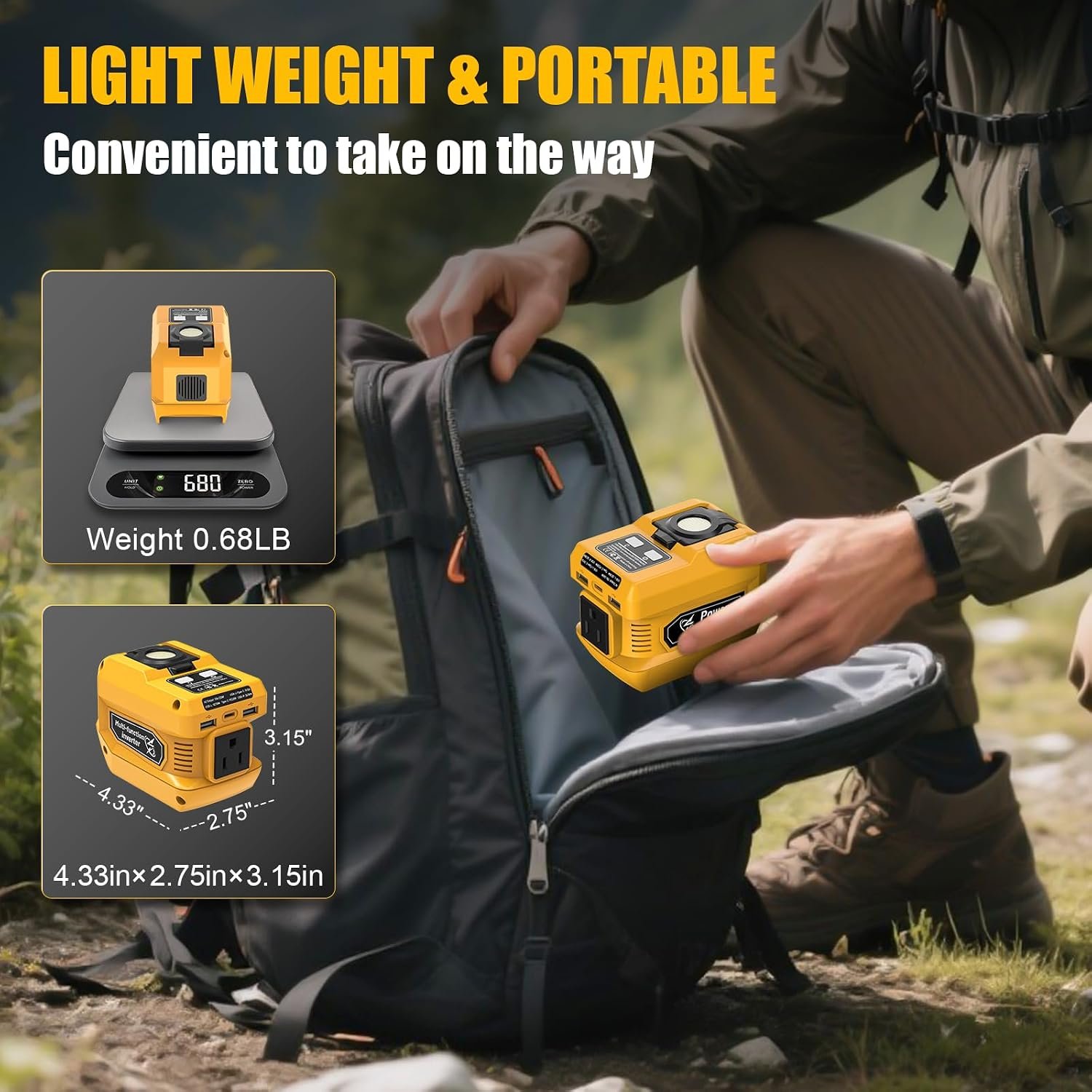 220W Portable Power Inverter Compatible with Dewalt 20V Battery | DC 20V to AC 110V Battery Inverter, 400LM LED Light, 1 AC Outlet, 2 USB & 1 Type‑C Fast Charging (Battery Not Included) - Image 5