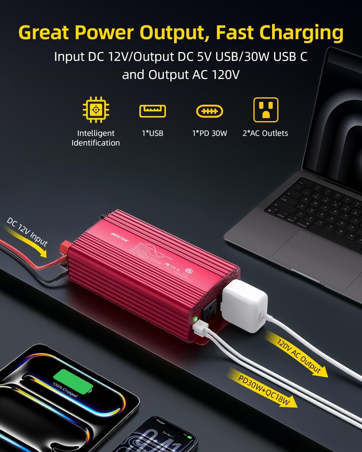 BESTEK 500W Pure Sine Wave Power Inverter DC 12V to AC 110V Car Converter | PD 30W & QC 18W Fast Charging Port, Dual AC Outlets, Car Power Plug Adapter for Solar, RV, Truck, Outdoor Camping, Road Trips - Image 4