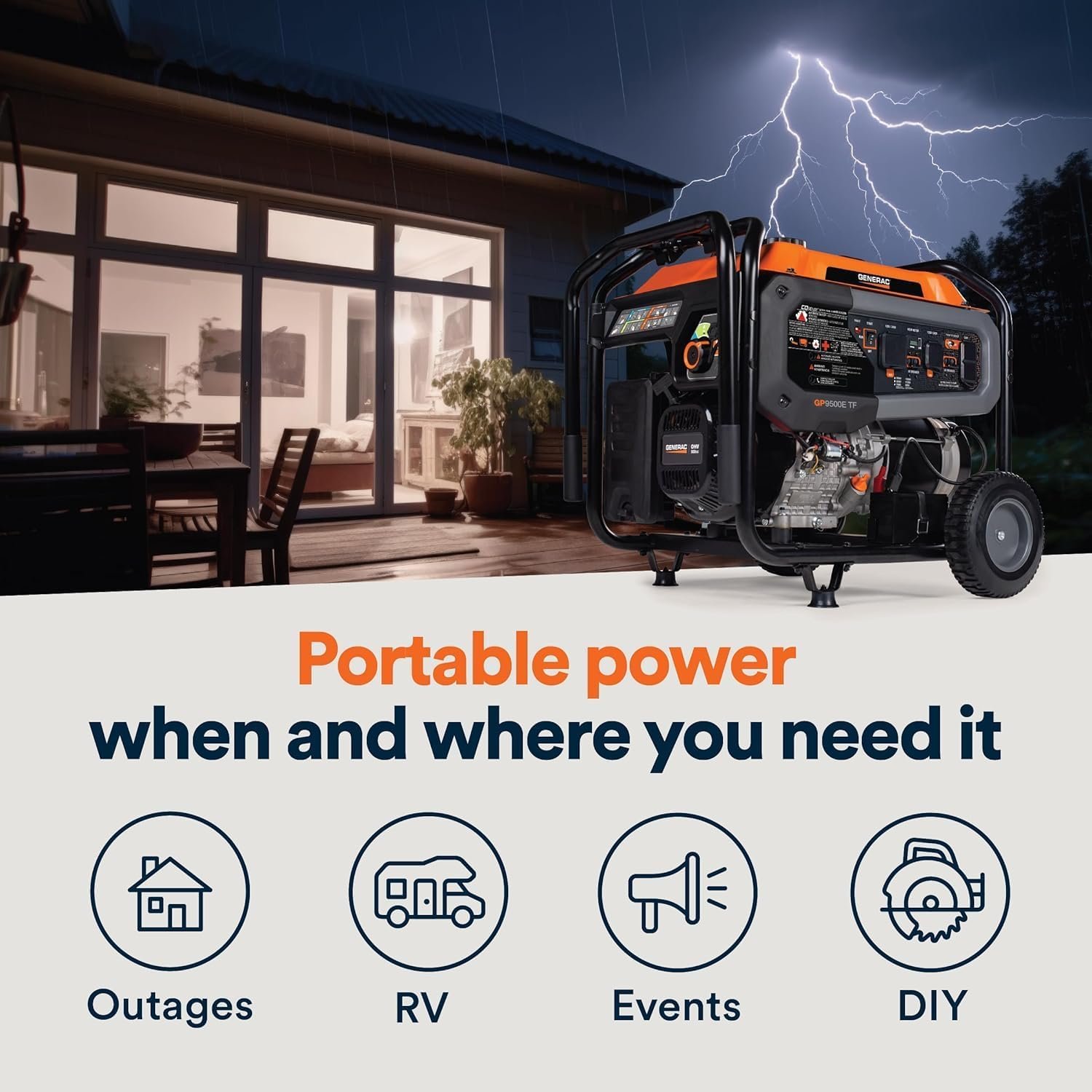 Generac 12,500 Starting Watt Tri-Fuel Portable Generator, Electric Start | Gas, Propane, Or Natural Gas Fuel Options, COsense CO Detection, 9.5 Hour Runtime, Emergency Home Backup, 49 State Compliant - Image 6