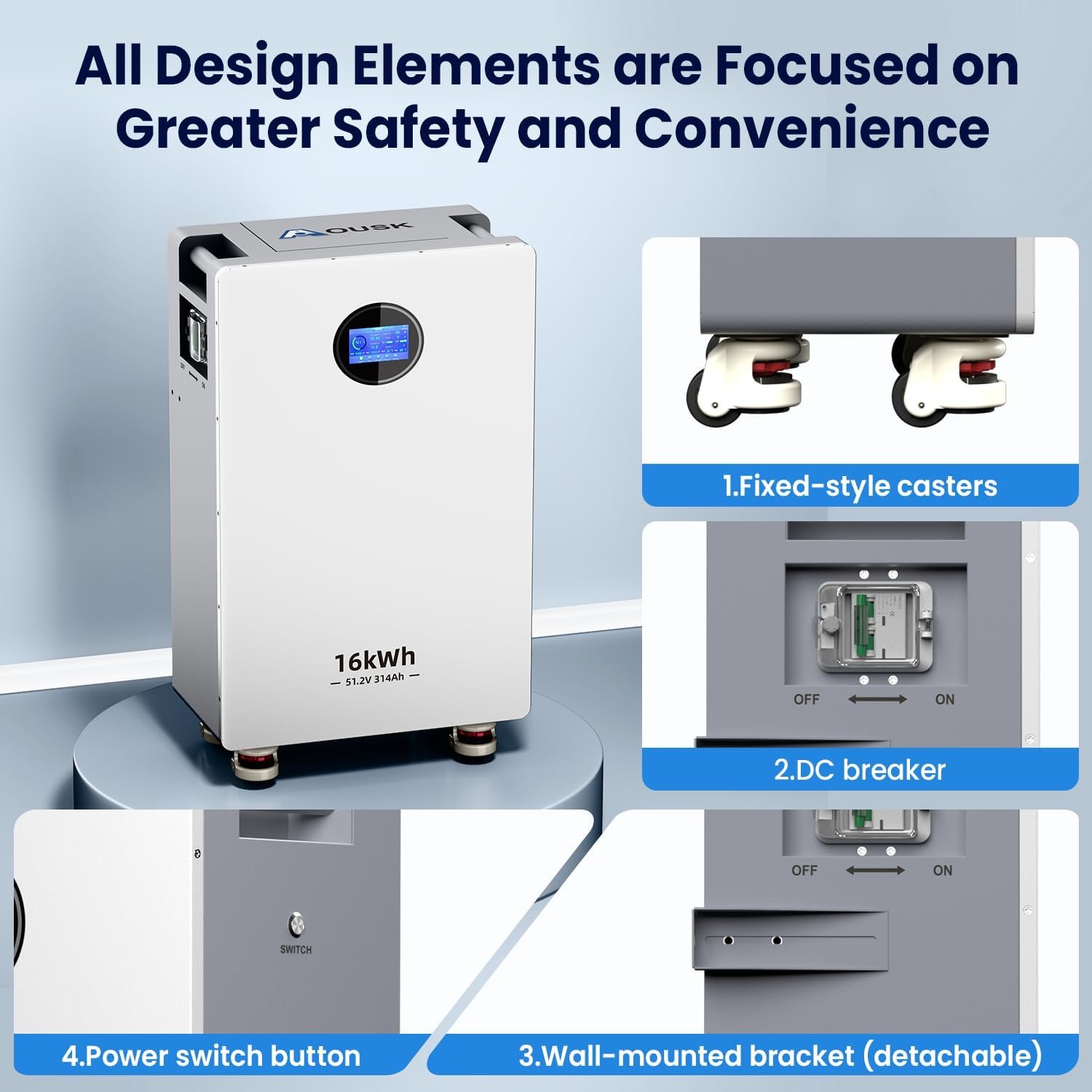 48V 314Ah Lifepo4 16.07kWh Lithium Battery, Build in 200A BMS High Capacity Energy Storage with Breakers, LCD Touchscreen, RS485/CAN/RS232, Ideal for Home Backup, Off-Grid, Solar System - Image 5