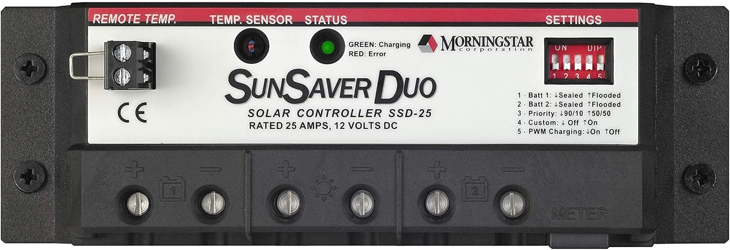 Morningstar SunSaver Duo 25A PWM Solar Charge Controller, for 12V Batteries | Dual battery charging for RV/boat/cabin off-grid, DIP switch settings, MSView software, lower cost, 5 year warranty - Image 3