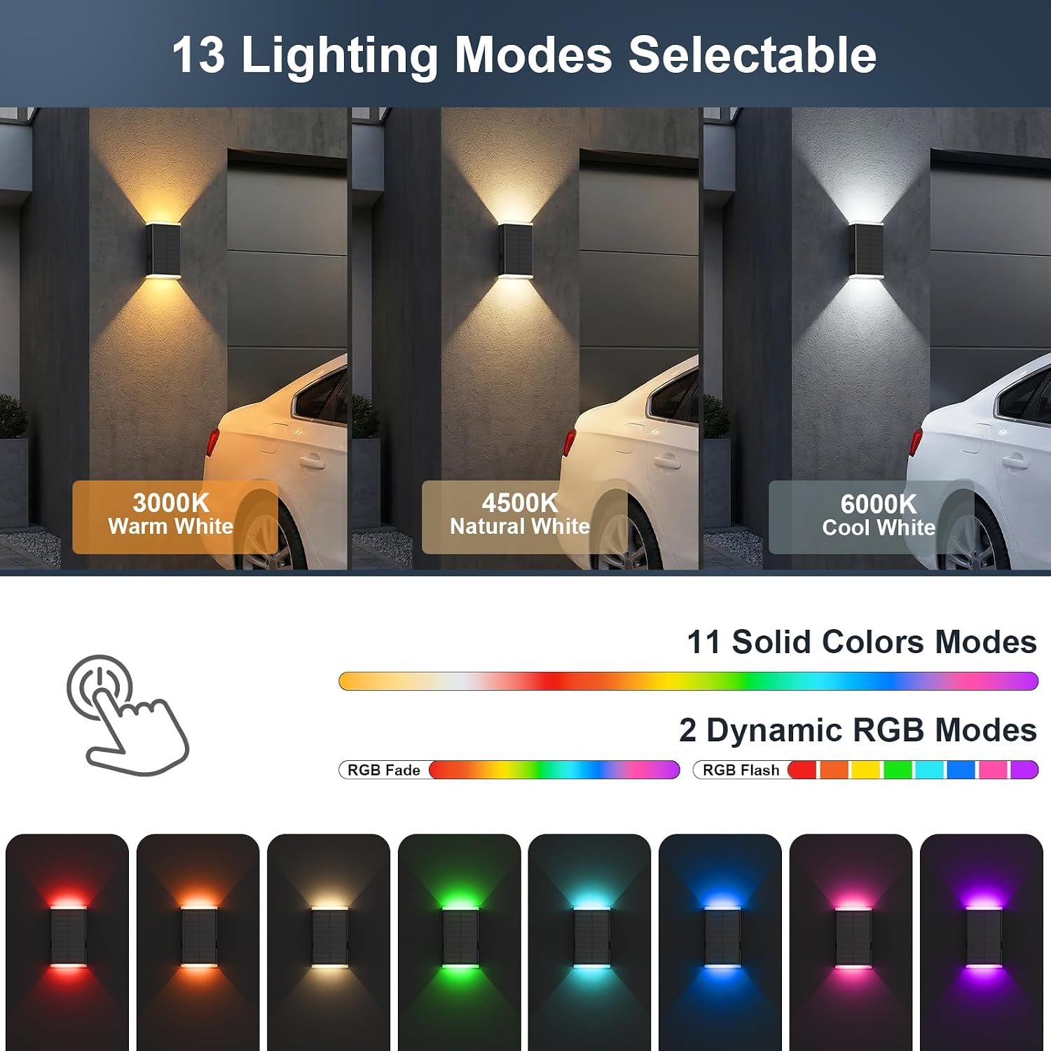 4Pack Solar Wall Lights Outdoor, 13 Modes Dusk to Dawn Up Down Wall Sconce | Focused Beam 3CCT+RGB 13Colors Changing IP67 Waterproof LED Solar Lights Outdoor for House,Front Door,Garage,Patio,Porch,Shed - Image 3