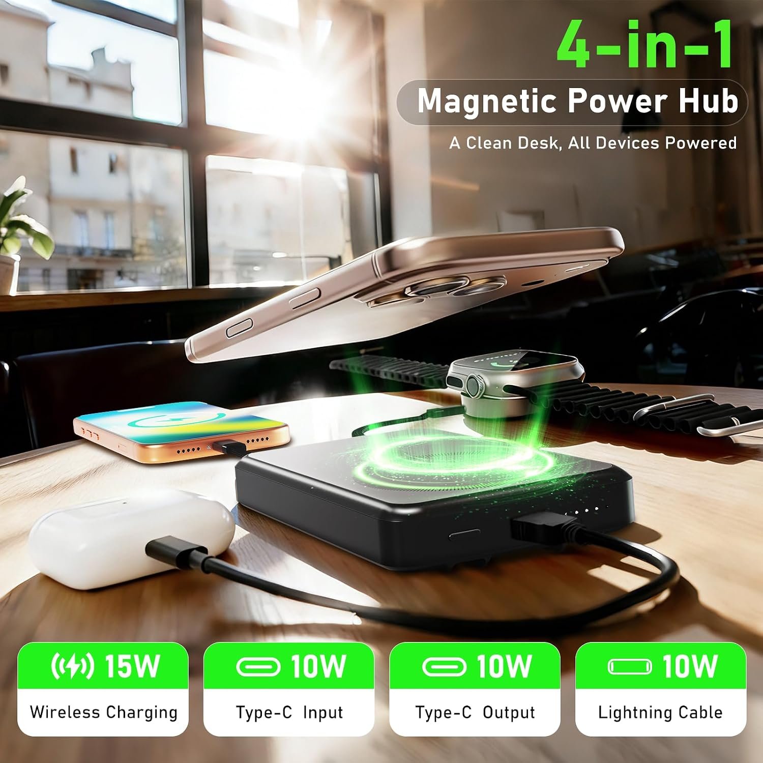 Magnetic Power Bank 10000mAh for Samsung & Android, 4-in-1 Portable Charger with Built-in Type-C/Lightning Cables and Foldable Stand, 15W Fast Charging Wireless Battery Pack for iPhone, Travel - Image 3