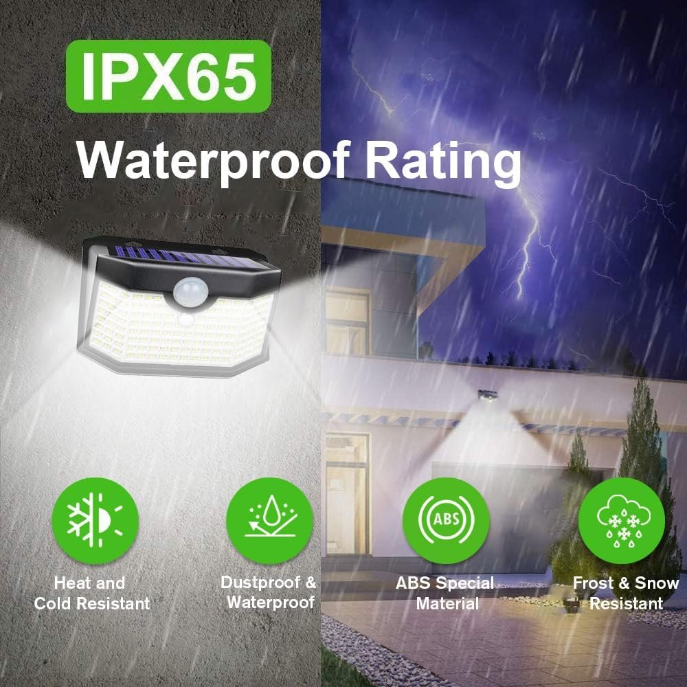 HMCITY 120 LED Outdoor Solar Lights with Motion Sensor and 3 Lighting Modes, IP65 Waterproof Wide Solar Wall Lights Ideal for Garden Patio Yard (Front Button 6Packs, Black Shell-Daylight White) - Image 5