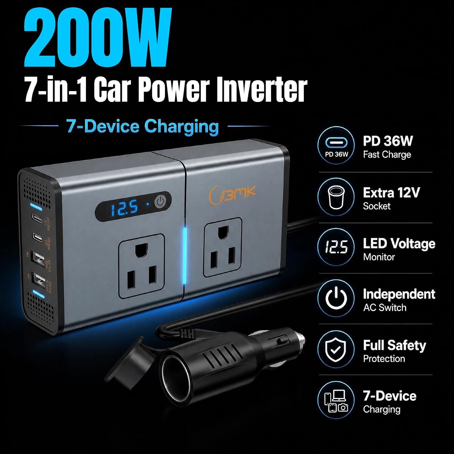 200W 7-in-1 Car Power Inverter DC 12V to 110V AC with Dual PD 36W USB-C & QC 3.0 30W, 2 AC Outlet Car Plug Adapter, LED Voltage Display, Quiet Cooling Fan for Laptop Road Trip Camping - Image 3