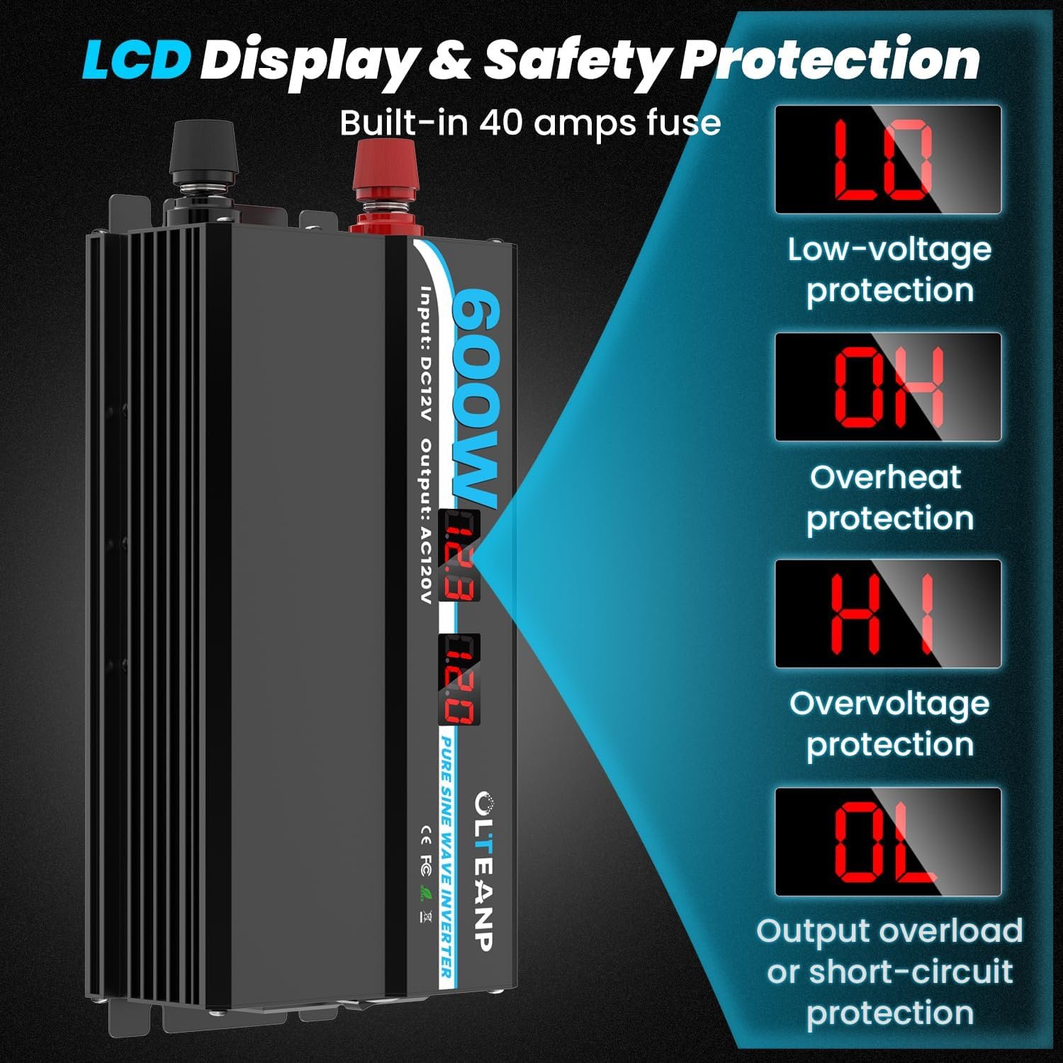 600W Pure Sine Wave Inverter 12V DC to 120V AC Converter for RV, Camping | 1200W Peak,2 AC Outlets, Dual 3.4A USB Ports,LCD Display, Power Converter for Car, Truck, Vehicles, Laptop,Van Life, Outdoor - Image 3