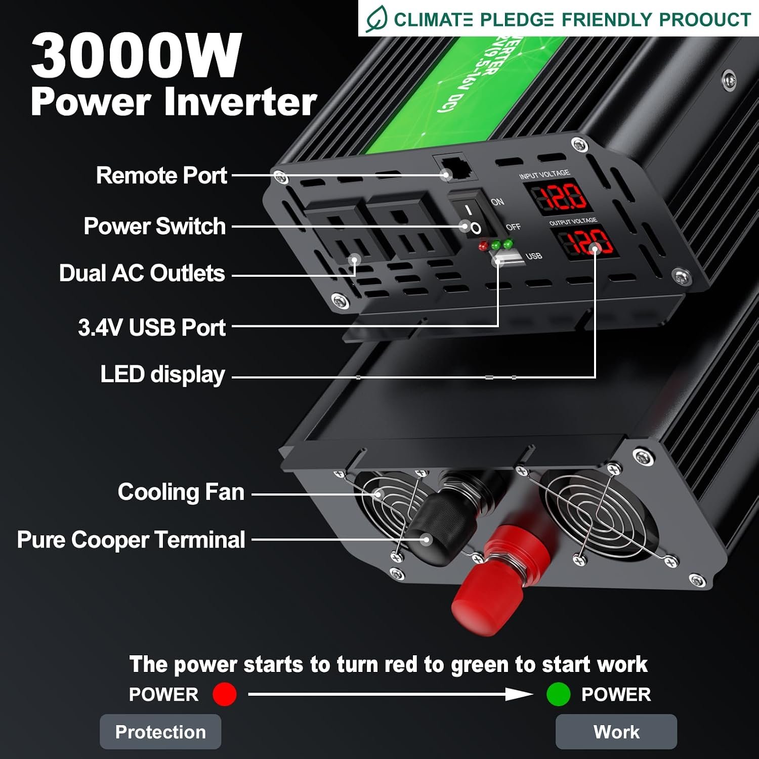 3000W Power Inverter 12V DC to 110V/120V AC Converter, 6000W Peak RV Use | LCD Display & Remote Control, Dual AC Outlets,3.4A USB Port for RV, Truck, Solar System, Emergency Backup, Camping,Off-Grid - Image 2