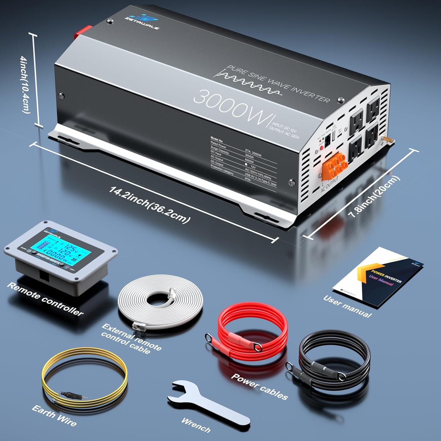 3000W Pure Sine Wave Inverter 12V DC to 120V AC Converter with LCD Remote | 6000W Peak,4AC Outlets, USB & Type-C Port,Clean power for Truck, RVs, Camping, Off Grid Systems, and Backup Applications - Image 7