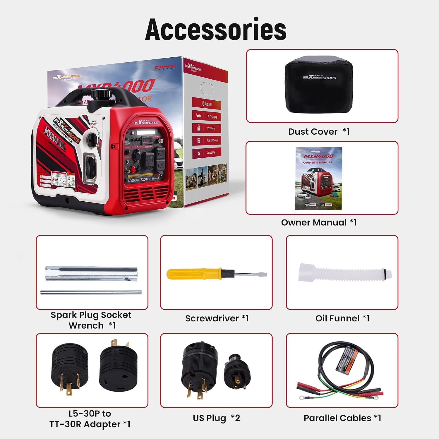 maXpeedingrods 4000 Watt Inverter Generator, Bluetooth® App Data Monitor | Portable Gas Powered Generaator Remote Data Check RV Ready, with CO Alarm for Outdoor Camping, Home Backup,MXR4000 - Image 9