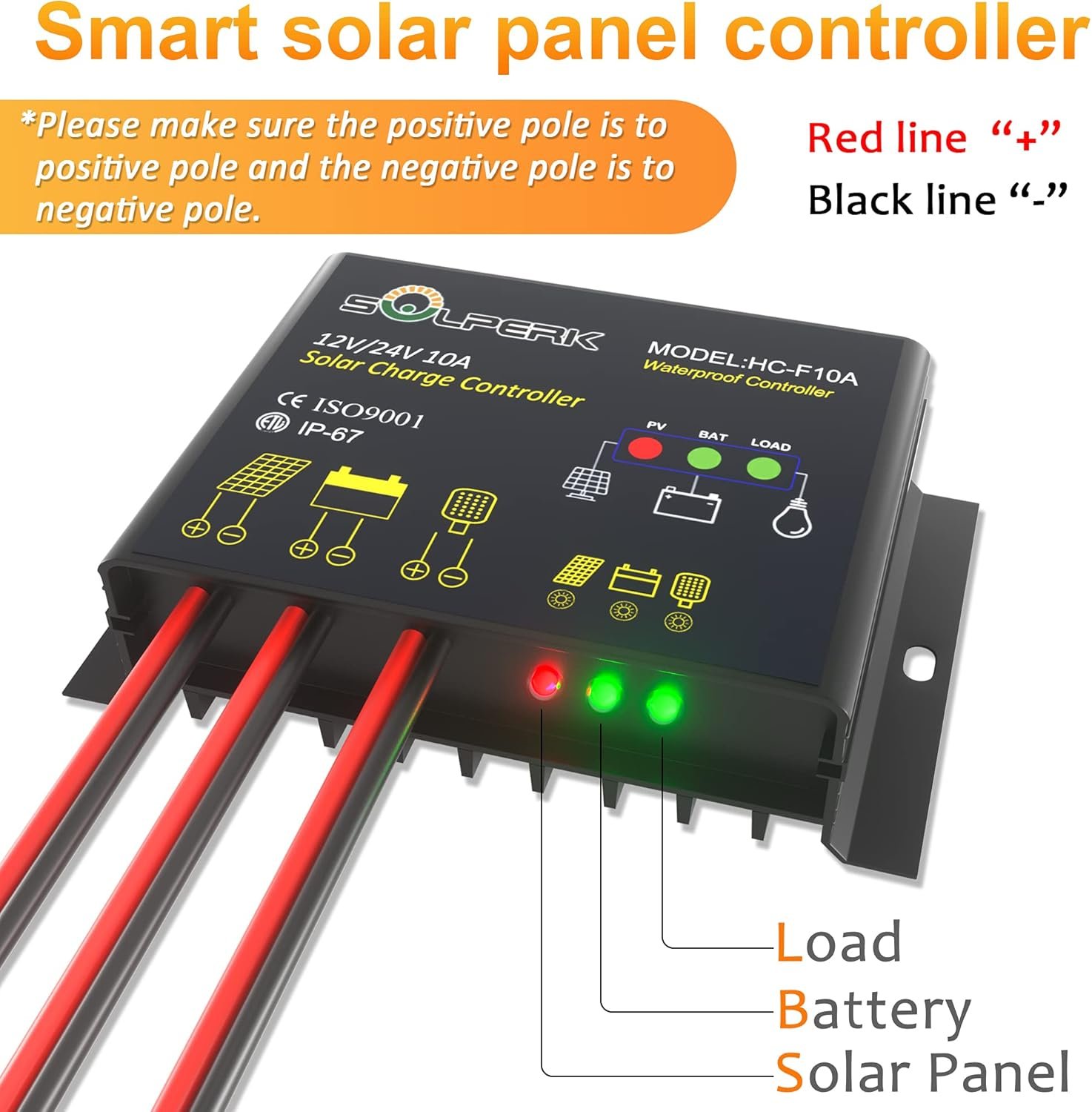 SOLPERK 10A Solar Charge Controller Waterproof Solar Panel Controller 12V/24V PWM Solar Panel Battery Intelligent Regulator for RV Boat car ,with LED Display - Image 3
