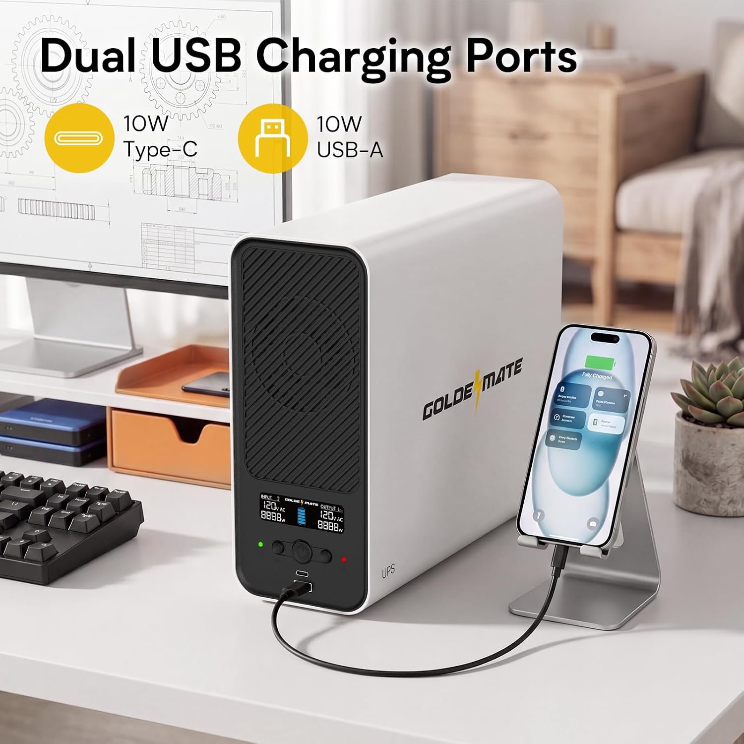 GOLDENMATE 1500VA/1000W Lithium UPS Battery Backup & Surge Protector, White | Pure Sine Wave, 8 Outlets & 2 USB Ports, LCD Display, 230Wh LiFePO4 Battery Backup for PC/NAS/Home Offices - Image 9