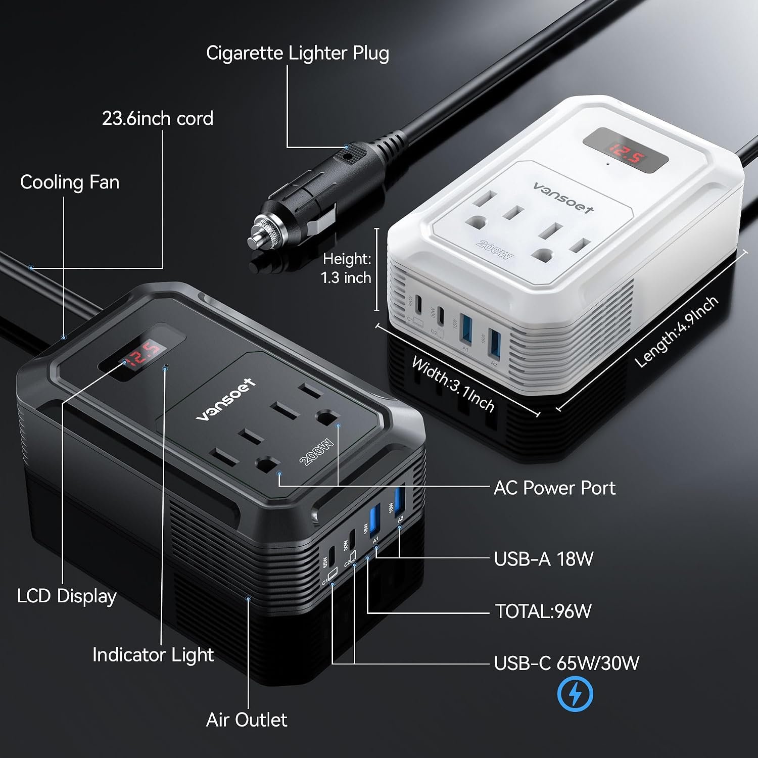 200W Car Power Inverter, DC 12V to 110V AC, PD 65W/30W USB C & QC 18W Ports | 2 AC Outlets, Car Plug Adapter Outlet for Laptop/Phone/Road Trip - Image 5