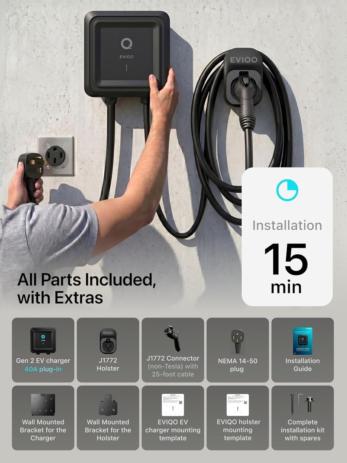 Level 2 EV Charger J1772 40A NEMA 14-50 - 240V Wall Charging Station | Plug in, up to 40 mph, 25ft Cable, WiFi (2.4GHz), Smart App, Weatherproof Indoor/Outdoor (IP66, NEMA 4), UL & ETL Certified - Image 5