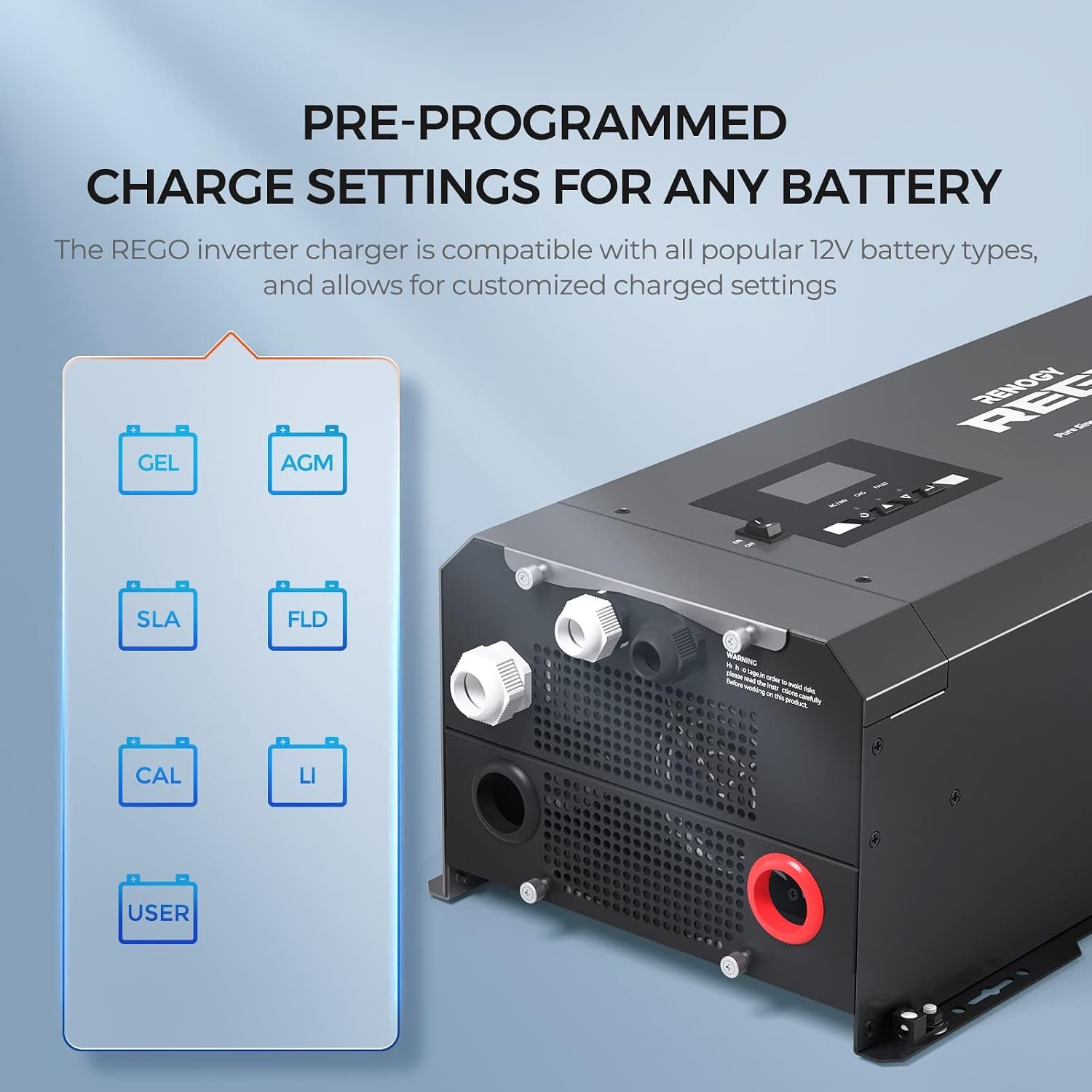 Renogy REGO 3000W Pure Sine Wave Inverter Charger with LCD Display | 12V DC to 120V AC Power Inverter Built-in Bluetooth for RV Truck Solar Off-Grid Cabin, 4-Stage Charging, Surge 9000W - Image 3