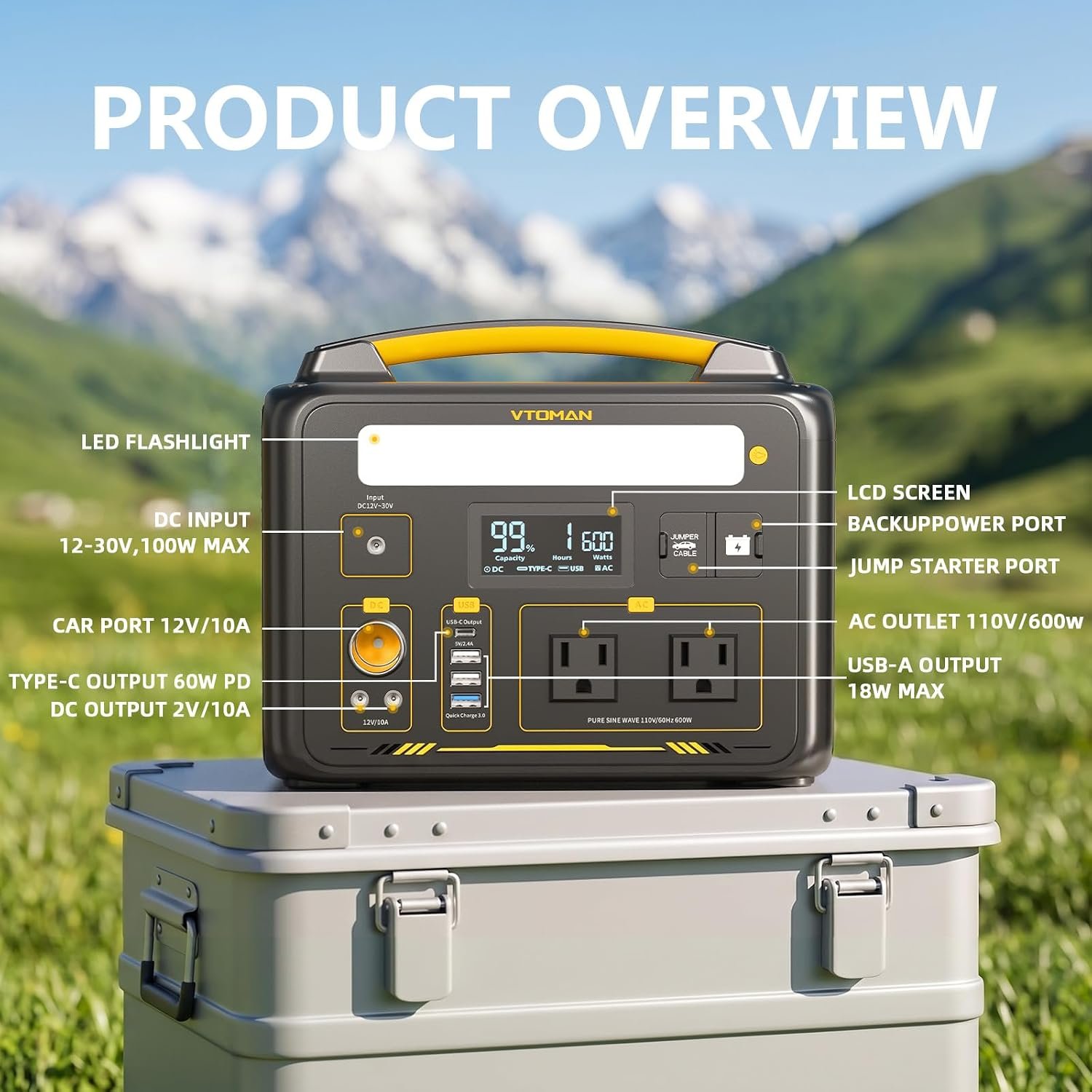 VTOMAN Jump 600X Portable Power Station 600W, 299Wh LiFePO4 Battery | 1200W Surge AC Outlet, PD 60W USB-C, 2-In-1 Solar Generator with Jump Start for Blackout, Camping, Outage and Road Trip - Image 7