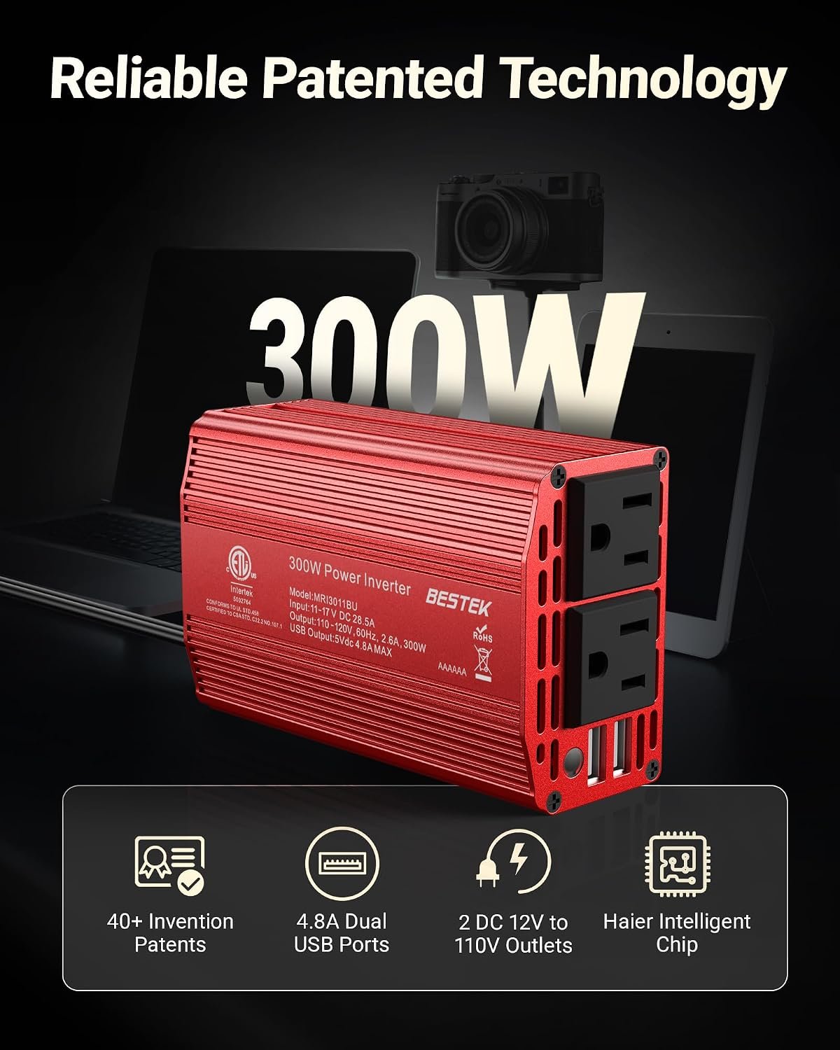BESTEK Power Inverter DC 12-17V to AC 110V - 300W Car Plug Adapter Outlet | 4.8A Dual USB Fast Charging Port, Vehicle Charger Cigarette Lighter Adapter for Phone, Laptop on Road Trip - Aluminum Housing - Image 2
