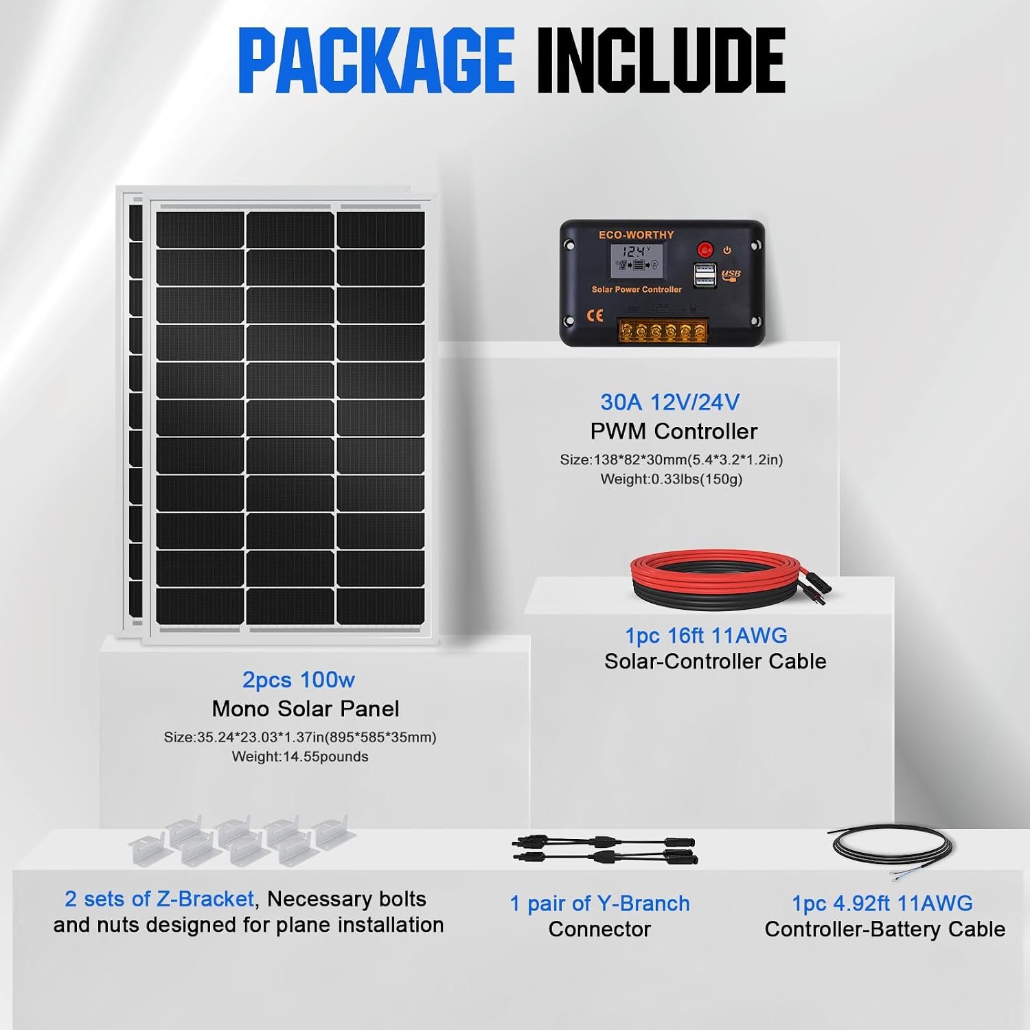 ECO-WORTHY 200 Watts 12 Volt/24 Volt Solar Panel Kit with High Efficiency Monocrystalline Solar Panel and 30A PWM Charge Controller for RV, Camper, Vehicle, Caravan and Other Off Grid Applications | 2pcs 100W N-Type 25% High Efficiency Solar Panel+30A PWM Charge Controller for RV, Camper, Vehicle, Off Grid Applications - Image 6