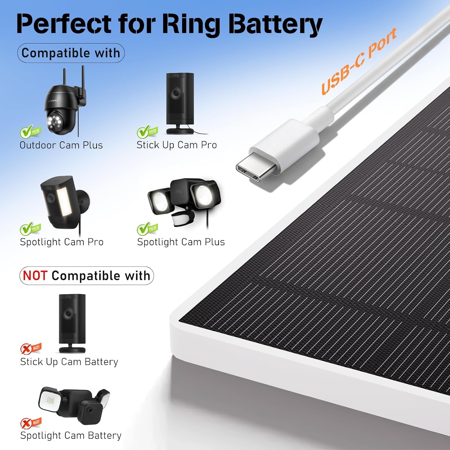 Solar Panel for Ring Camera, 5W Solar Charger Fast Charge, Telescopic Pole & 360° Swivel, 10ft USB-C Cable, IP65 Weatherproof, for Ring Battery Outdoor Security Cameras, Perfect for Reaching Sunlight - Image 7