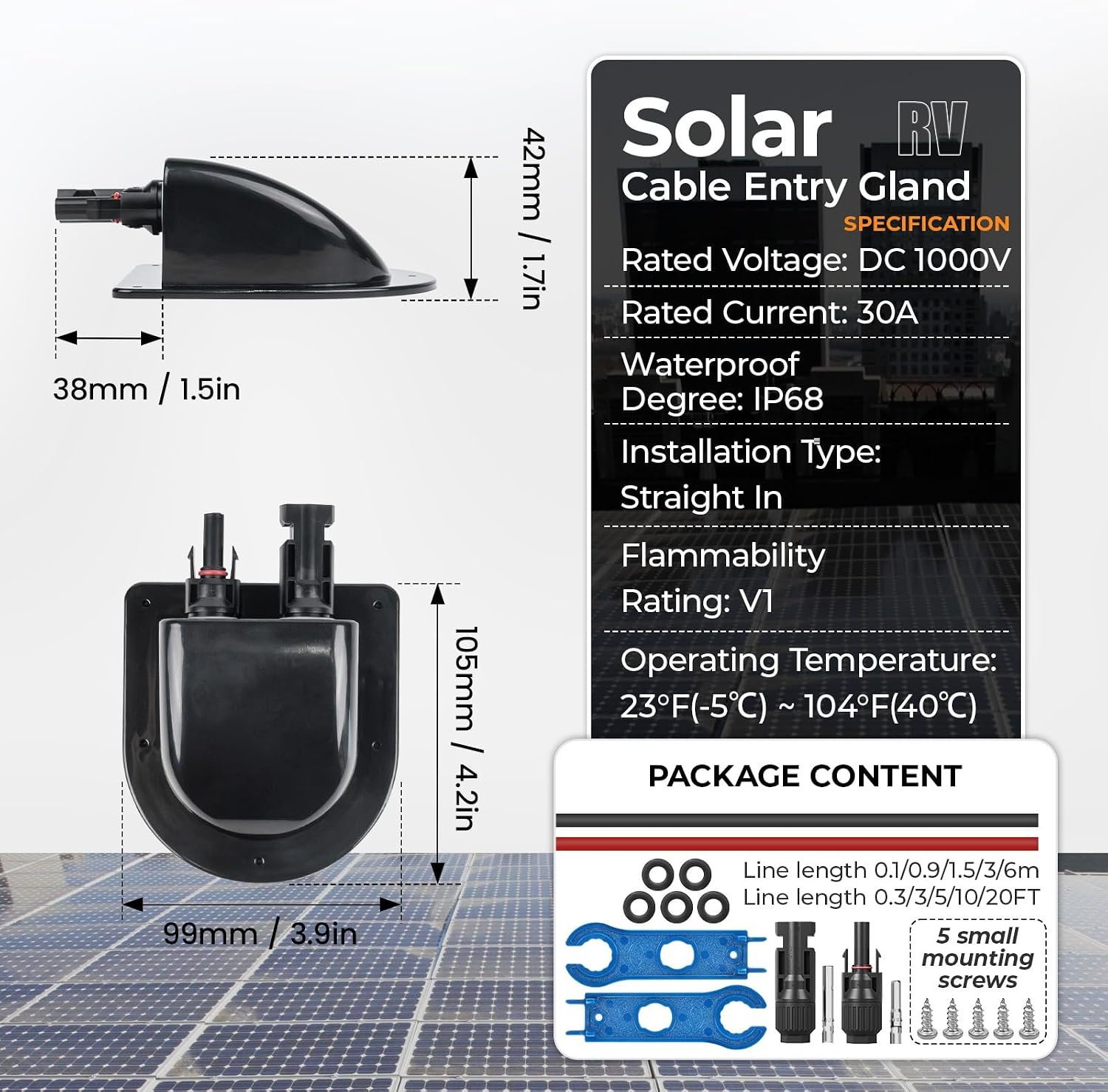 Solar Cable Entry Gland with 10Awg Copper Solar Cable and Solar Connector UV Resistance Dual Cable Entry Housing for Solar RV Boats Yacht Roofs (Black 0.3FT) - Image 7