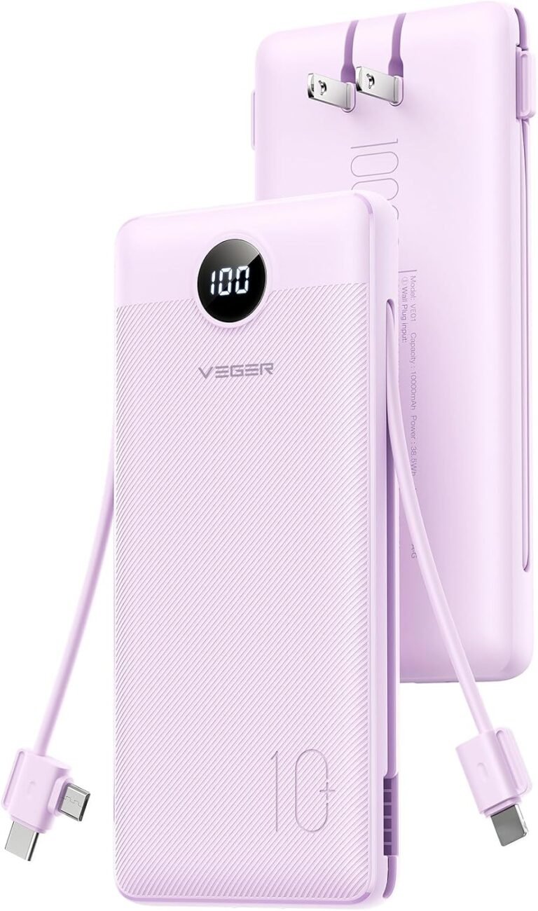 VEGER Portable Charger, 10000mAh Power Bank Built in Wall Plug and Cables | Ultra Slim, Charging 4 Devices Once, Travel Essentials, USB C Battery Pack for iPhone, iPad, Samsung, Android, Purple