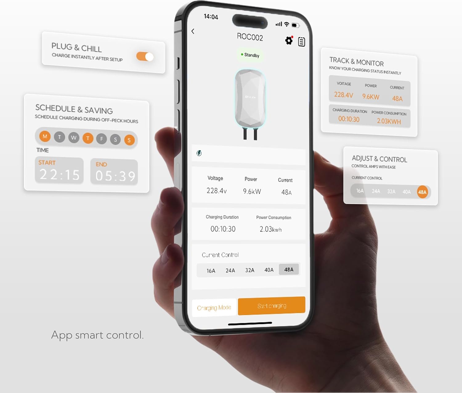 RIPPLEON Level 2 EV Charger - Hardwired/48Amp/11.5KW/240V, UL2594, ETL, FCC | Compatible for All North American EVs/EV Charger Level 2 with Dual Plug Type - 25ft Cable/Smart App/Weatherproof/Lunar Pearl - Image 4