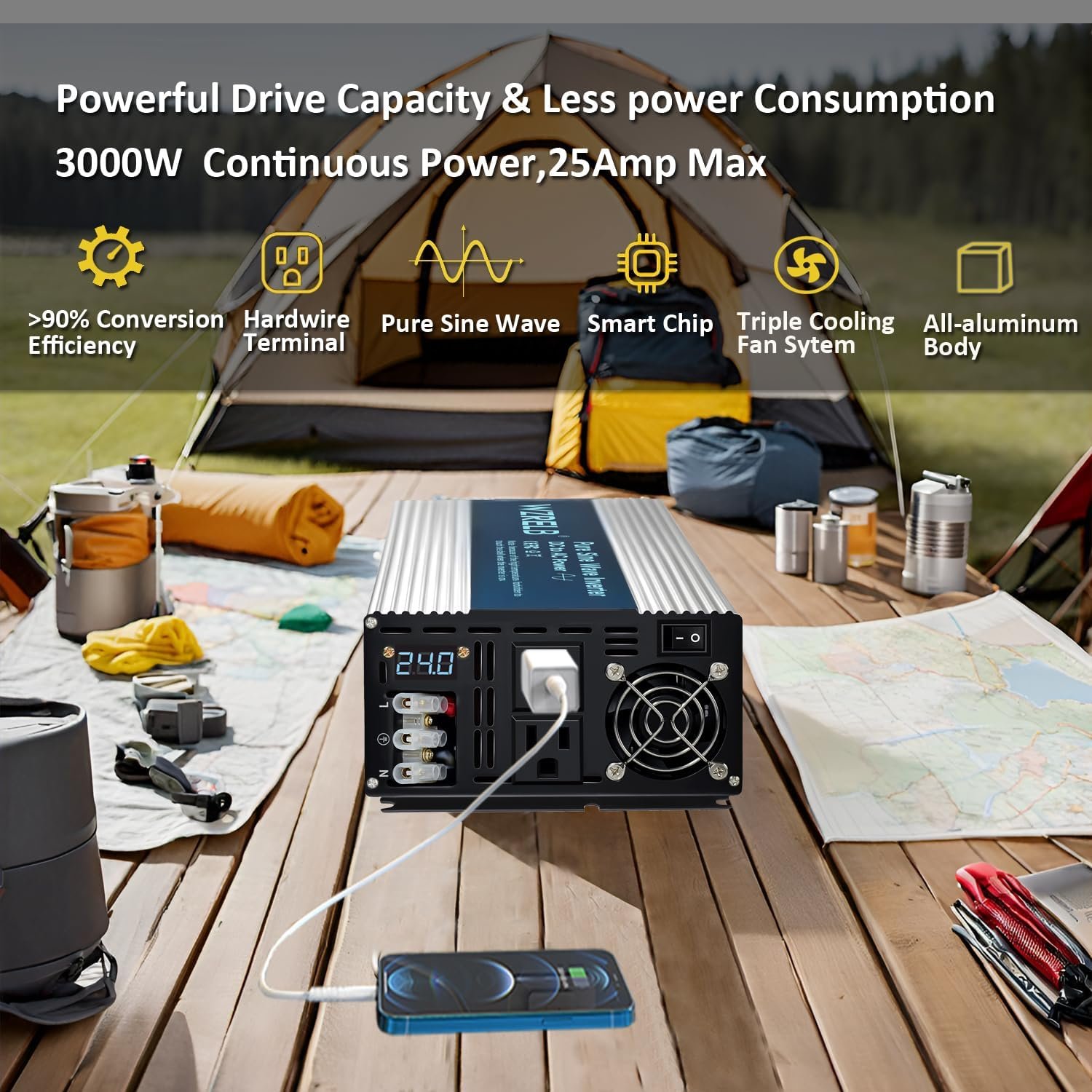 WZRELB 3000W Pure Sine Wave Inverter 12V DC to 110V 120V AC Power Converter with LED Display, Hardwire Terminal,Off-Grid Portable Power Inverter with Dual AC Outlets for Home, RV, Truck, Camping - Image 2