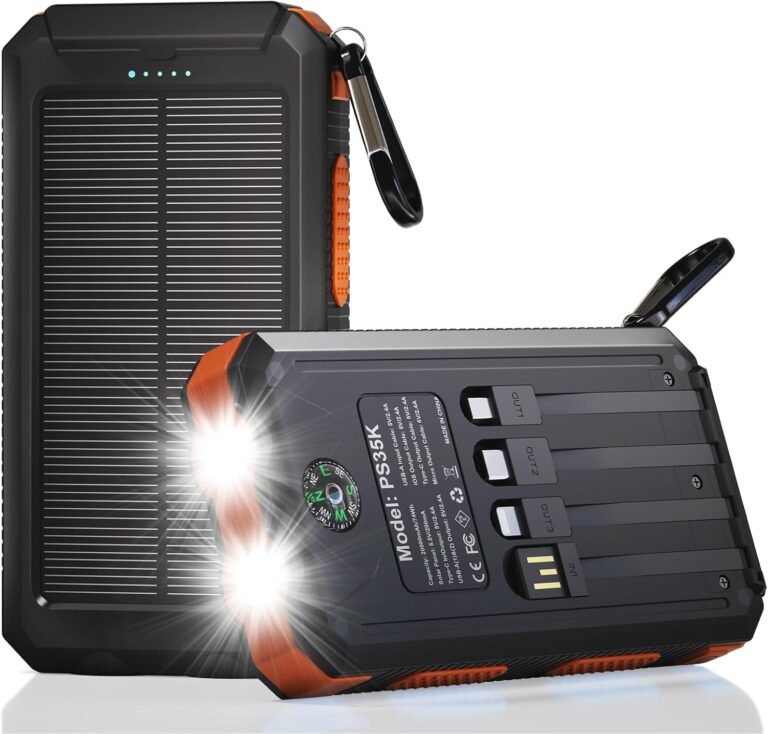 Durecopow Solar Charger Power Bank 20,000mAh, Portable Charger, 4 Cables 3 Ports Fast Charging External Battery Pack with USB C for Cell Phones, Solar Panel Charger with Dual Flashlight for Camping