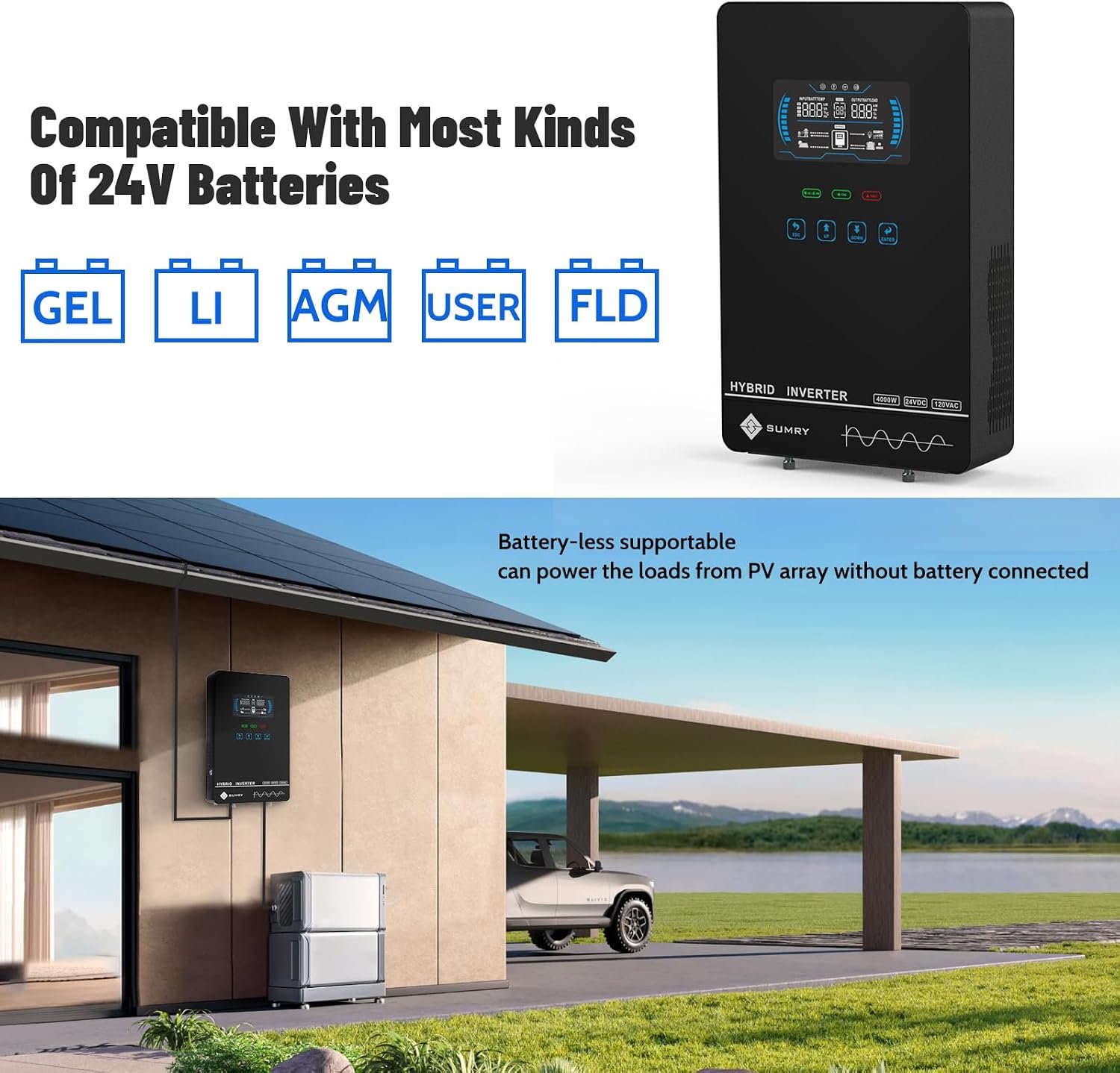 SUMRY Hybrid Solar Inverter, 4000W DC24V to AC120V Pure Sine Wave Power | Glass Top Cover with LCD Display, 140A MPPT Charge Controller, Supports Battery-less or AGM Lithium Battery, Off Grid - Image 5