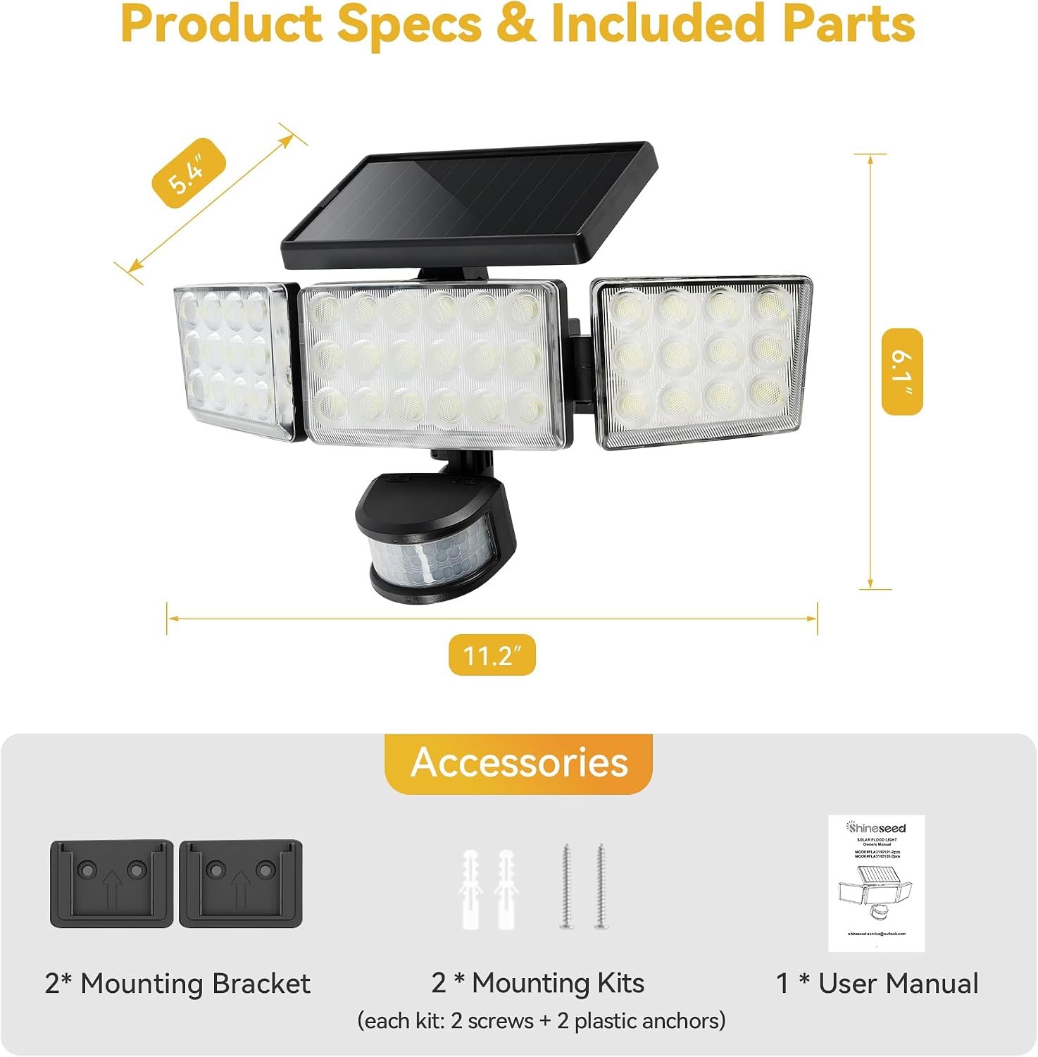 Solar Lights Outdoor, 3500LM 168 LED Motion Sensor Solar Flood Lights, 3 Heads 300° Wide Angle, 3 Modes IP65 Waterproof Solar Security Lights for Yard Garden Patio, 2 Pack (Black) - Image 8