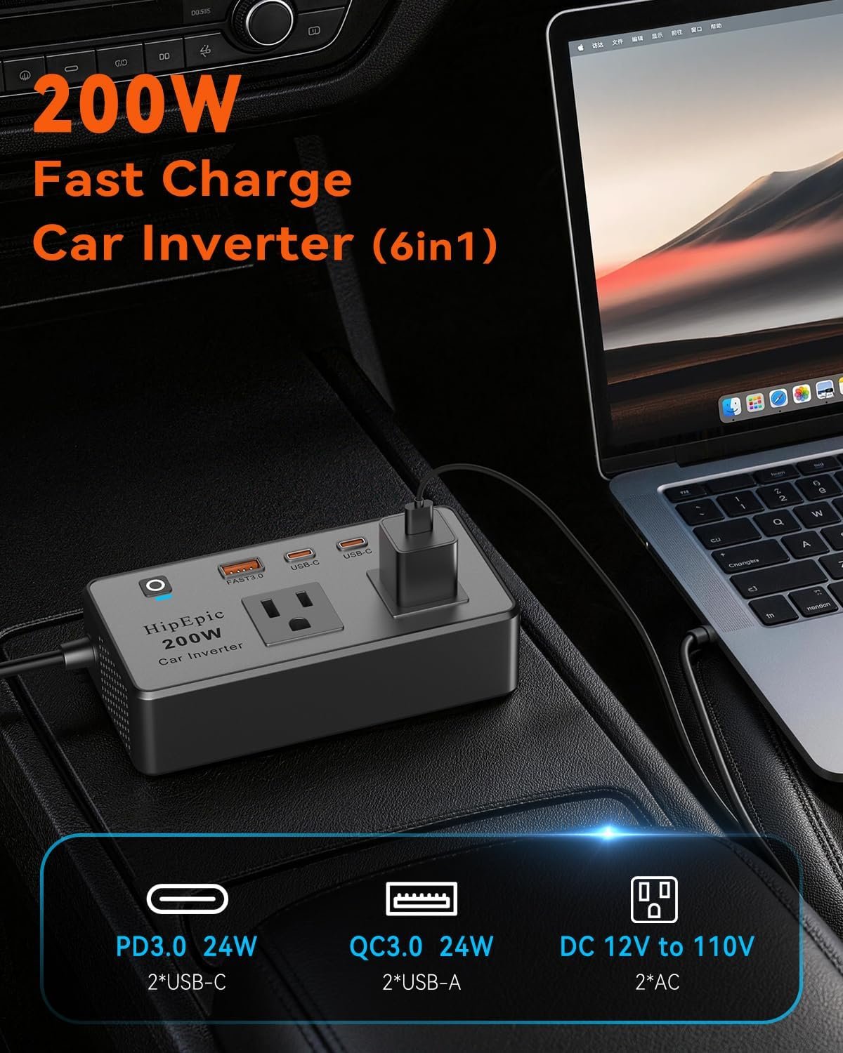 200W Multi-Port Car Power Inverter,Small Auto Outlet Adapter | Portable Inverters for Vehicle-24W USB A/C&3 Plug for Laptop,12V DC to 110V/120V AC,Work with Standard Car Cigarette Lighters - Image 2