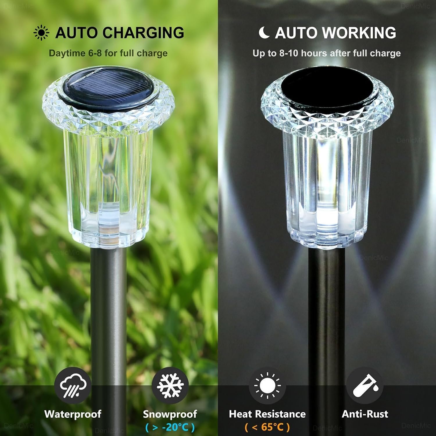 DenicMic Solar Lights Outdoor Waterproof 10 Pack Pathway Lights Cool White | Stake Lights for Yard Garden Driveway Walkway Outside Landscape Path Lights, Auto On/Off 6000K LED, Stainless Steel Pole - Image 3