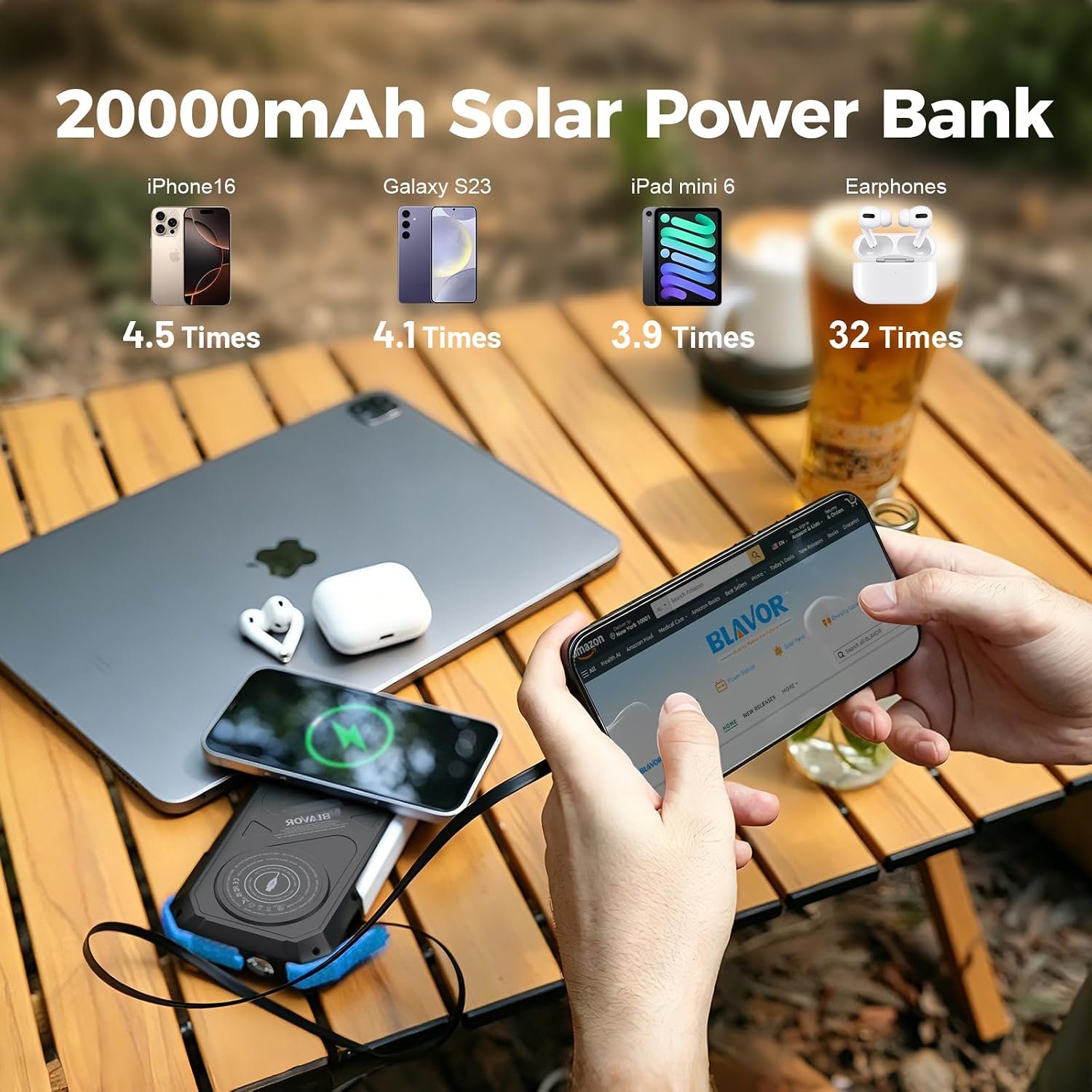 BLAVOR Solar Charger Power Bank Built-in Retractable USB-C Cable, 20000mAh Wireless Magnetic Portable Charger with Camping Light, Flashlight, 20W Fast Charging Battery Pack for Outdoor Camping Hiking - Image 4