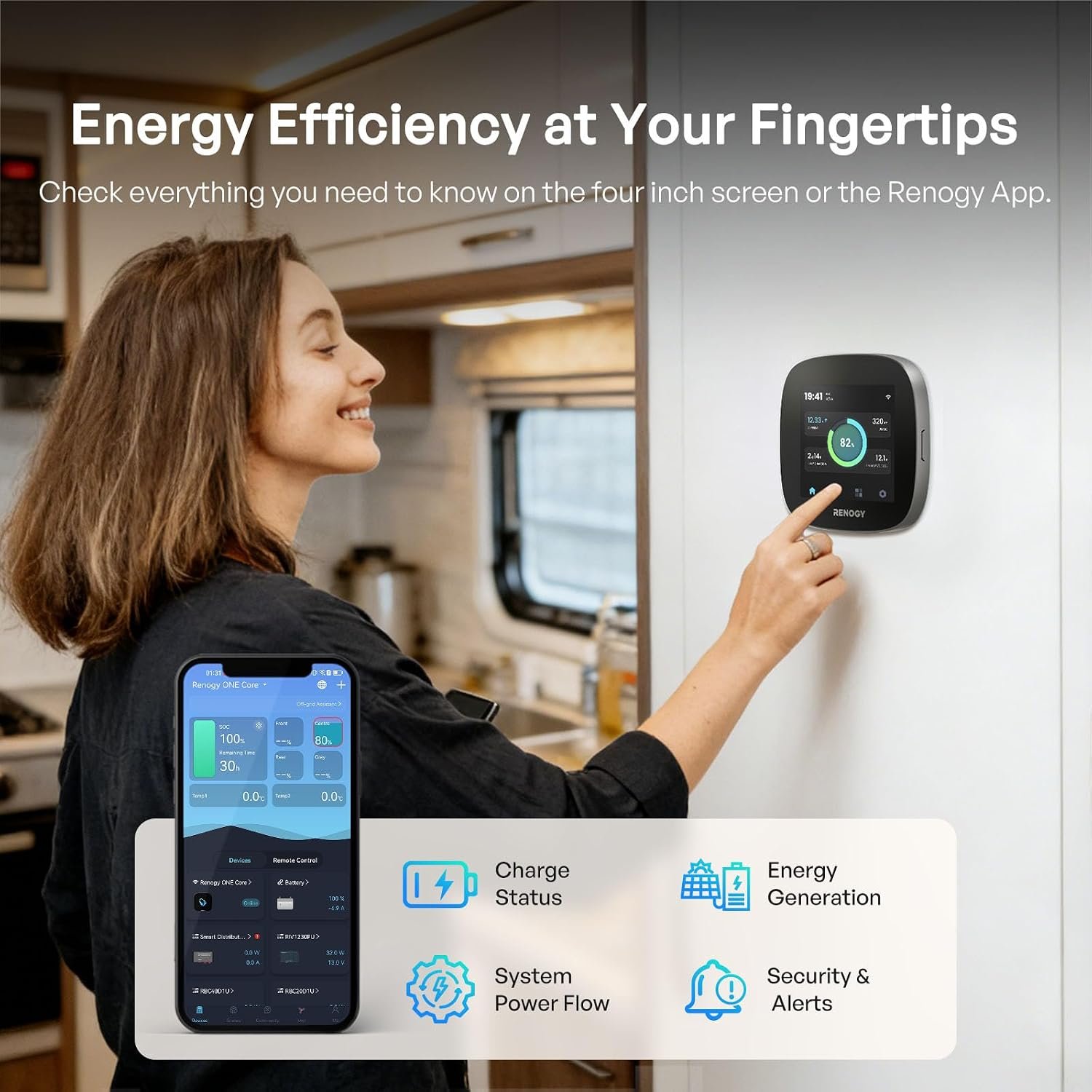 Renogy ONE Core: All-in-one Off-Grid Energy Monitoring Panel, Battery Monitoring for Van, Cabin, Boat and Tiny Homes, Works with Renogy Energy Devices, Wi-Fi Version, Black - Image 3