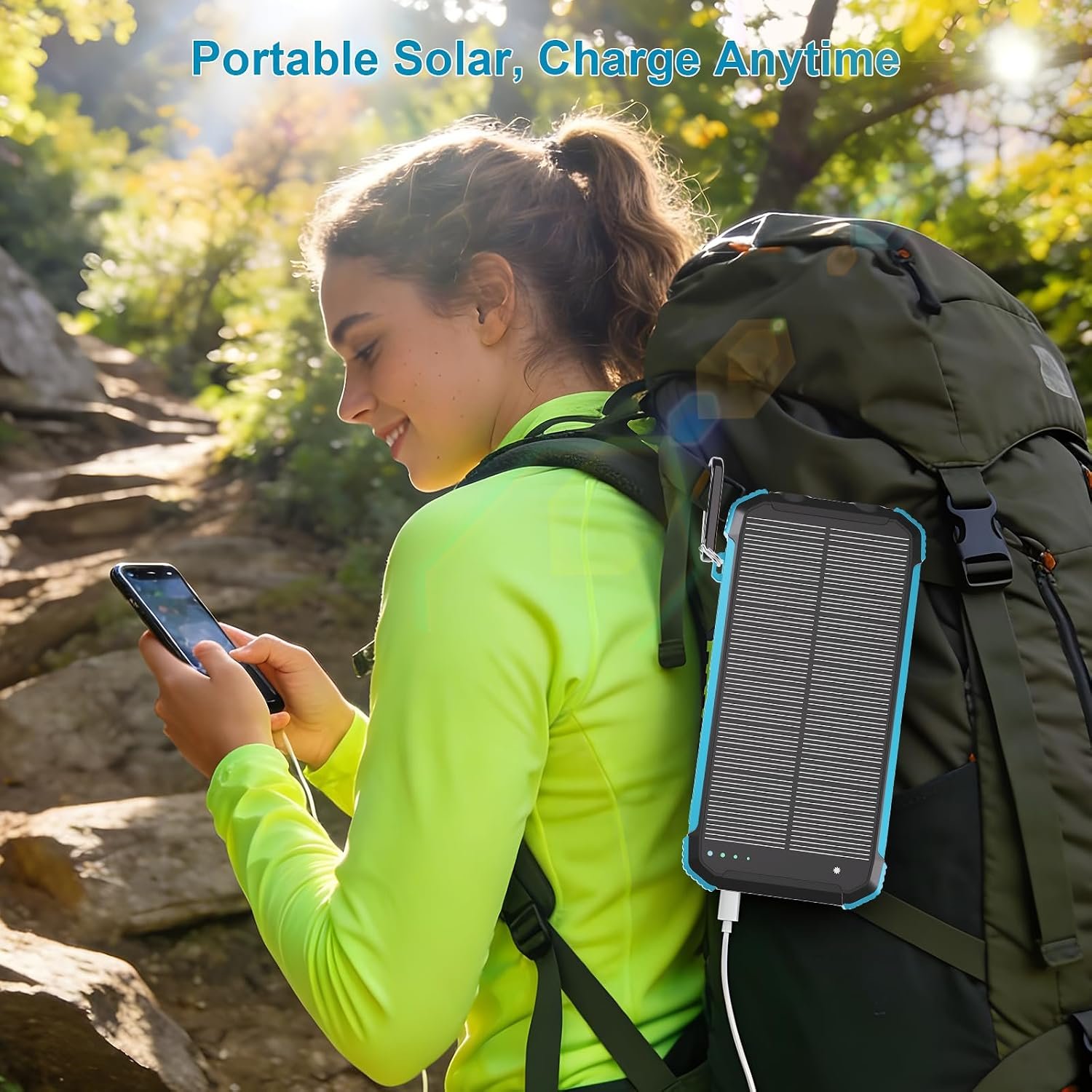 Solar Charger Power Bank 20000mAh, Wireless Fast Charging Battery Pack with 3 Built-in Cables & USB-C Input, Dual LED Flashlights, Portable Phone Charger for Camping, Travel & Emergency Use (Blue) - Image 5