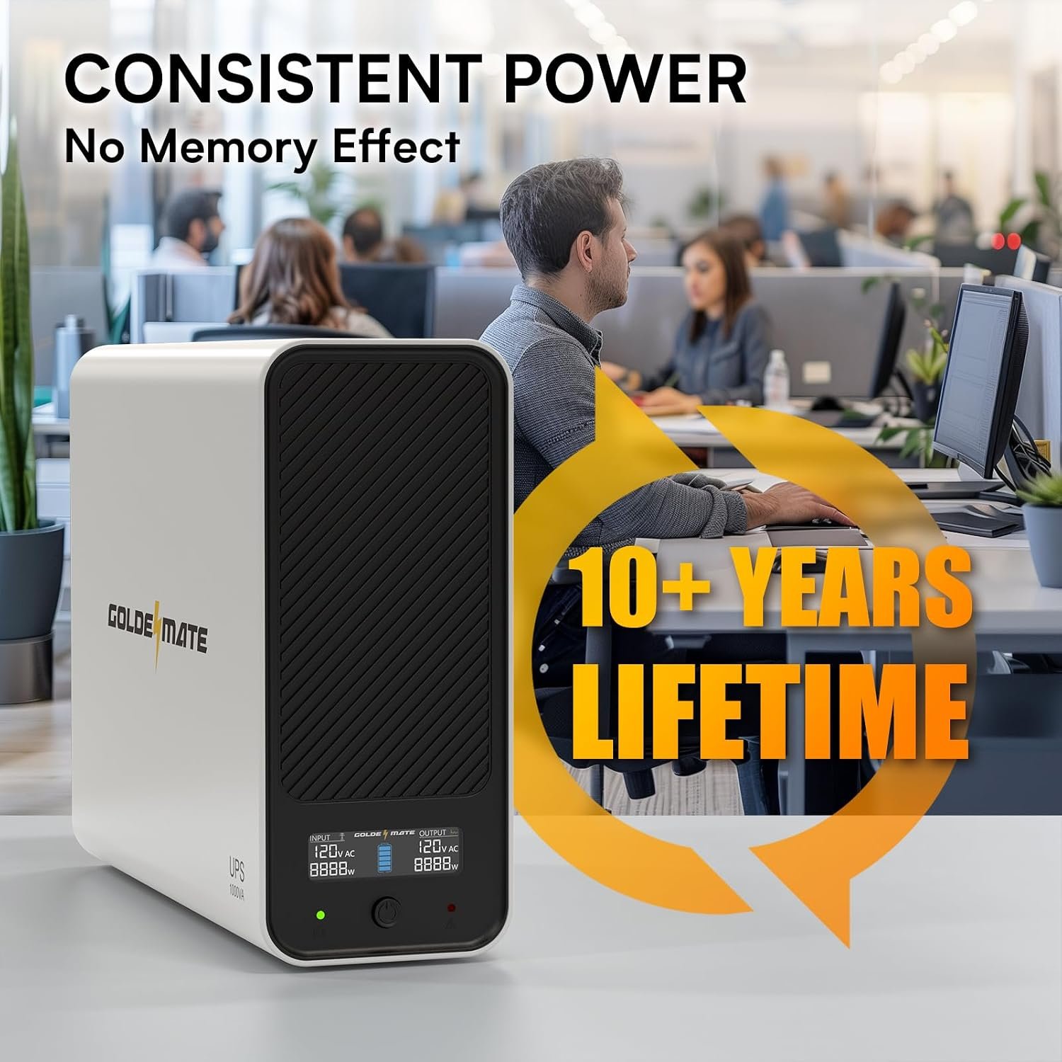 GOLDENMATE 1000VA/800W Lithium UPS Battery Backup & Surge Protector, White | Pure Sine Wave, 8 Outlets, Color LCD, 230Wh LiFePO4 Backup Battery, Uninterruptible Power Supply for PC/Internet/Home Office - Image 2