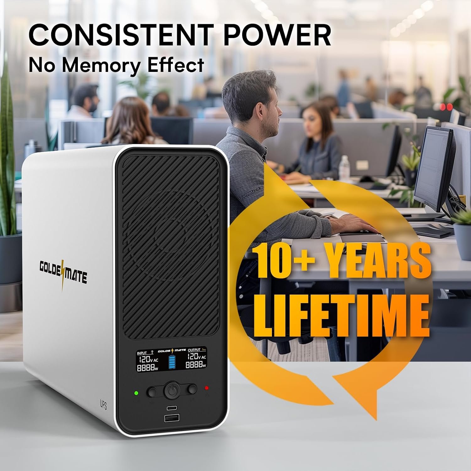 GOLDENMATE 1500VA/1000W Lithium UPS Battery Backup & Surge Protector, White | Pure Sine Wave, 8 Outlets & 2 USB Ports, LCD Display, 230Wh LiFePO4 Battery Backup for PC/NAS/Home Offices - Image 2
