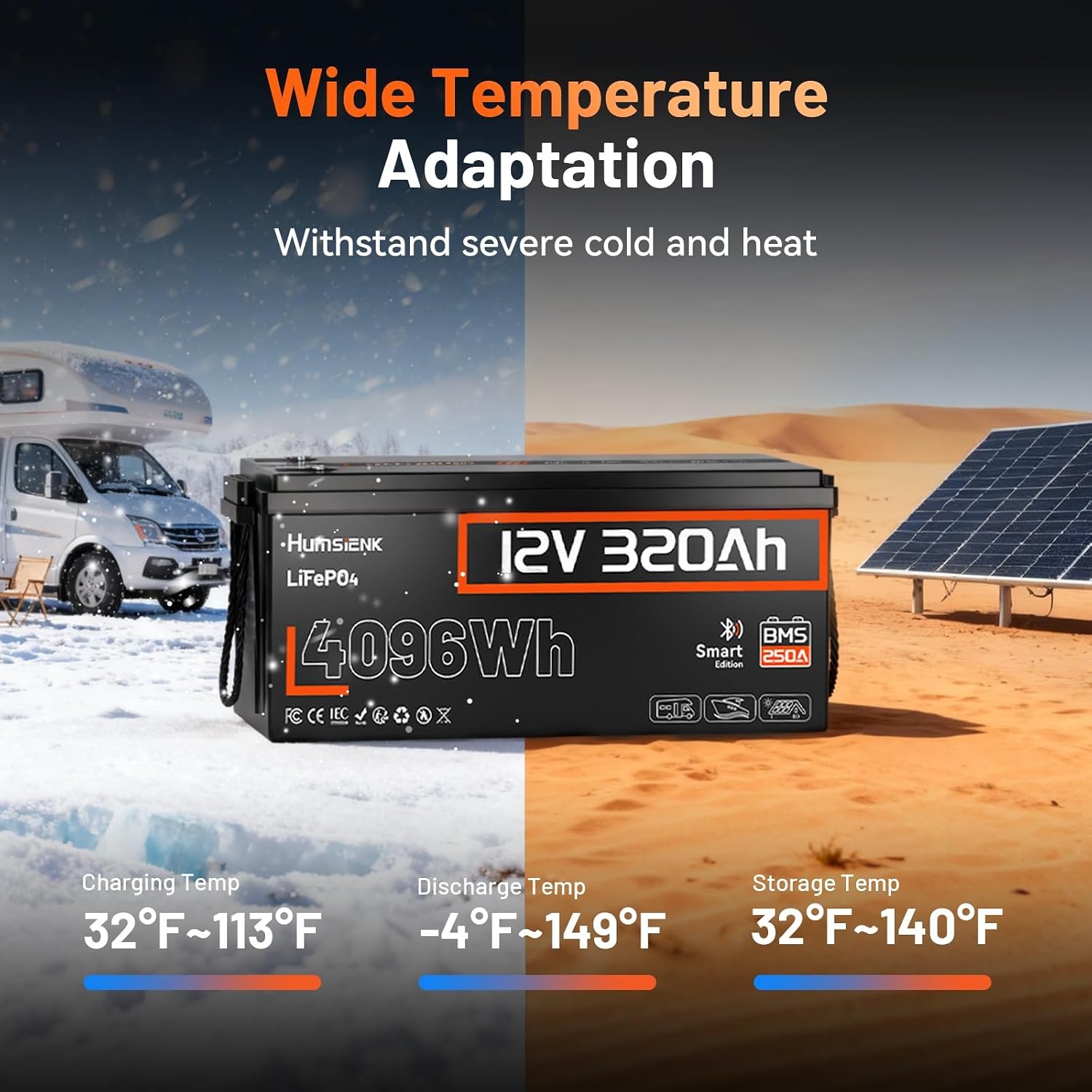 HumsiENK 12V 320Ah LiFePO4 Battery with Bluetooth, 4096Wh Deep Cycle Lithium Battery, 250A BMS (3200W Output), Low-Temp Cut-Off, 58.6lbs Ultra-Light Replacement for 3x 100Ah, RV, Marine, Solar - Image 6