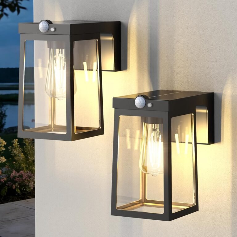 Greluna Solar Motion Sensor Lights, Solar Lights with 2 Modes & Waterproof, Dusk to Dawn Glass Outdoor Wall Lights for Entryway Exterior Front Porch Patio Fence Lantern (2 Pack)