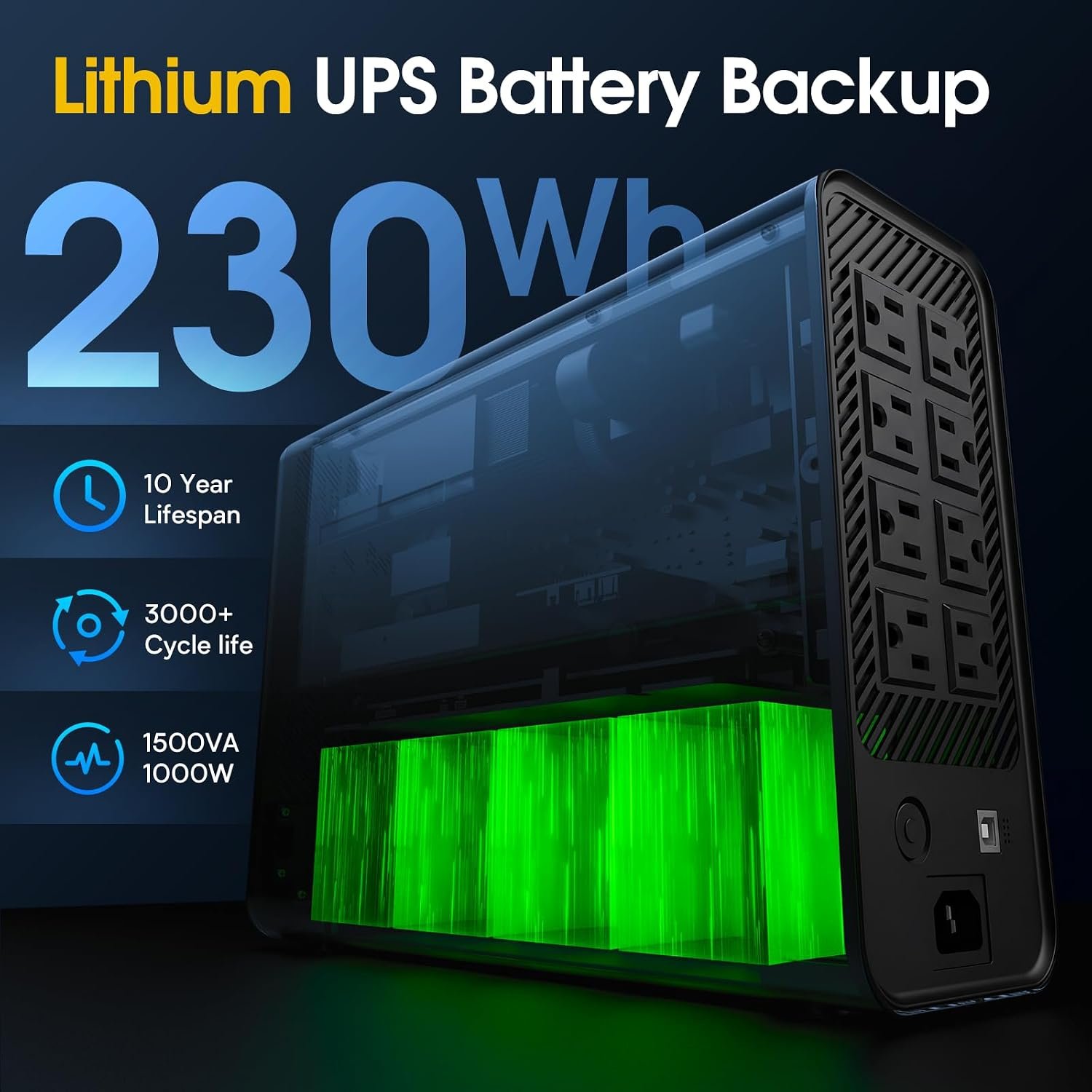 GOLDENMATE 1500VA/1000W Lithium UPS Battery Backup & Surge Protector, White | Pure Sine Wave, 8 Outlets & 2 USB Ports, LCD Display, 230Wh LiFePO4 Battery Backup for PC/NAS/Home Offices - Image 3