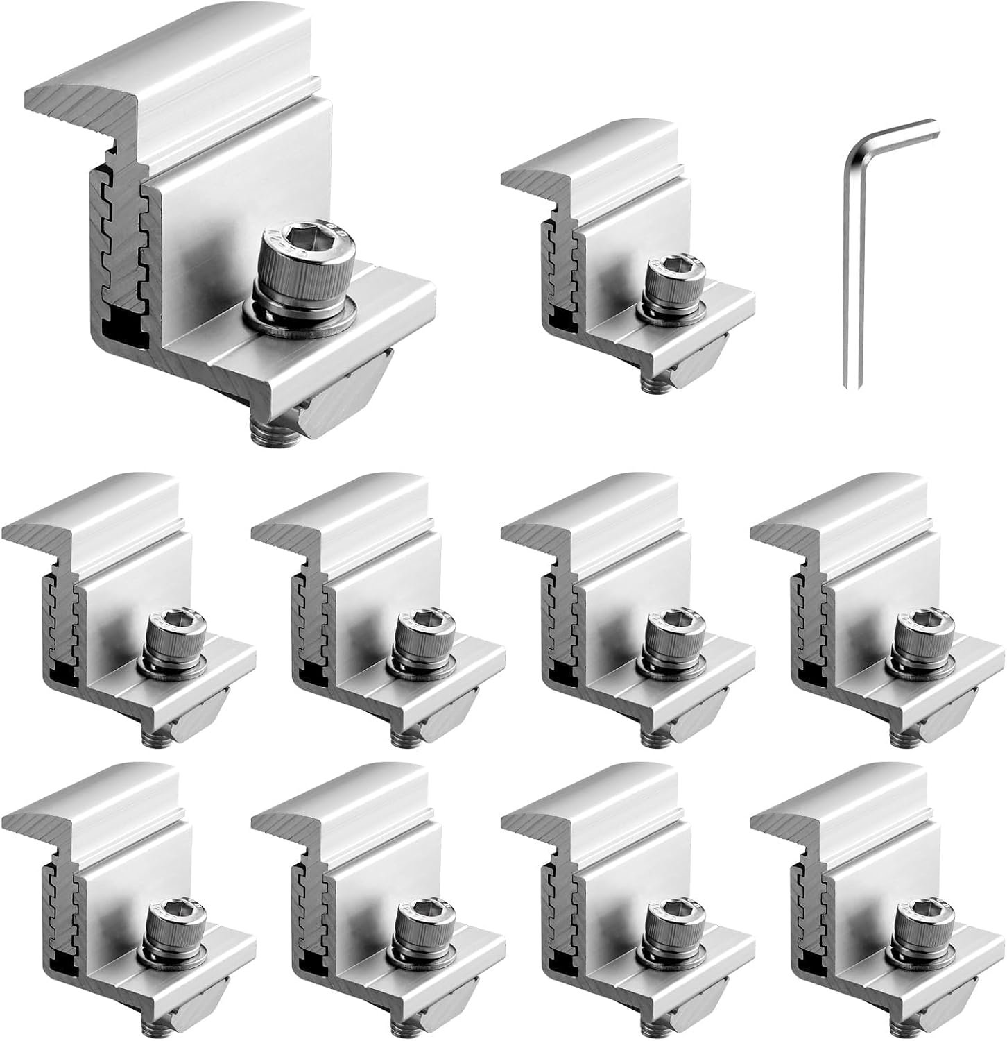 Anbte 10pcs Solar Panel End Clamps 30-50 mm Adjustable, Solar Mount Bracket | Aluminum Solar Panel Mounting Kit with 10*Screw M8 &1*Wrench, For Metal Roof, Tin Roof, Flat Roof, Sheet Roof, Ground, Silver - Image 9