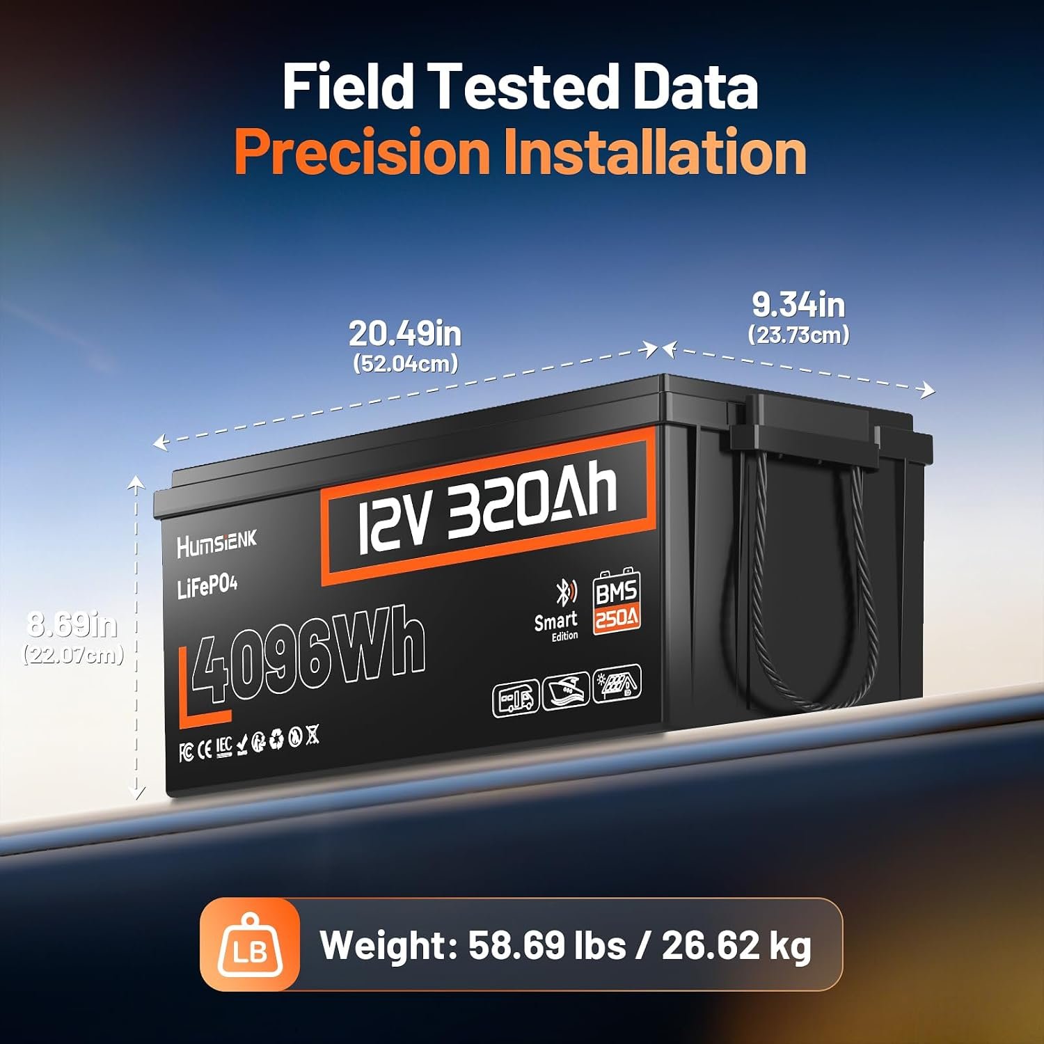 HumsiENK 12V 320Ah LiFePO4 Battery with Bluetooth, 4096Wh Deep Cycle Lithium Battery, 250A BMS (3200W Output), Low-Temp Cut-Off, 58.6lbs Ultra-Light Replacement for 3x 100Ah, RV, Marine, Solar - Image 5